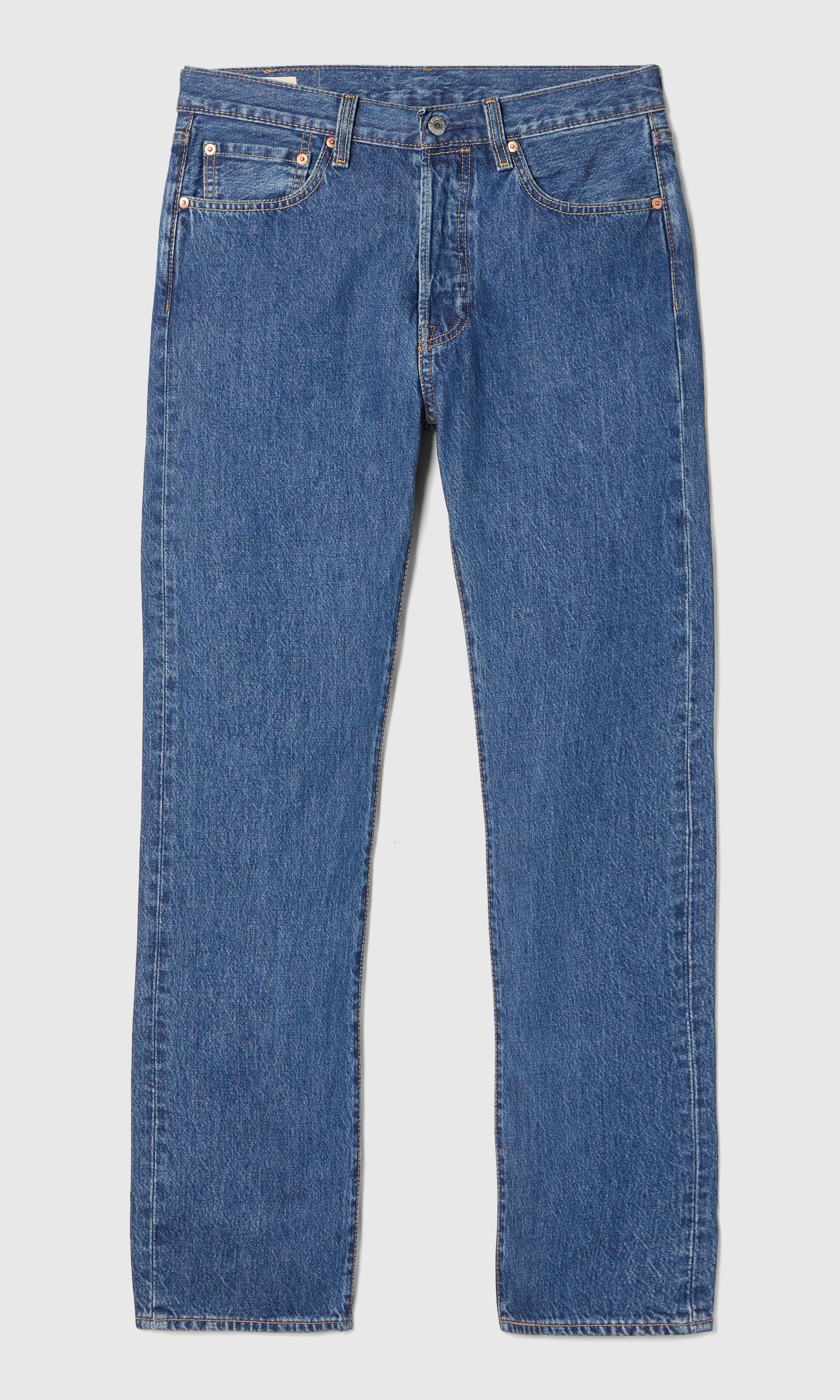 501® Original Medium Blå Jeans. Front. Flat.