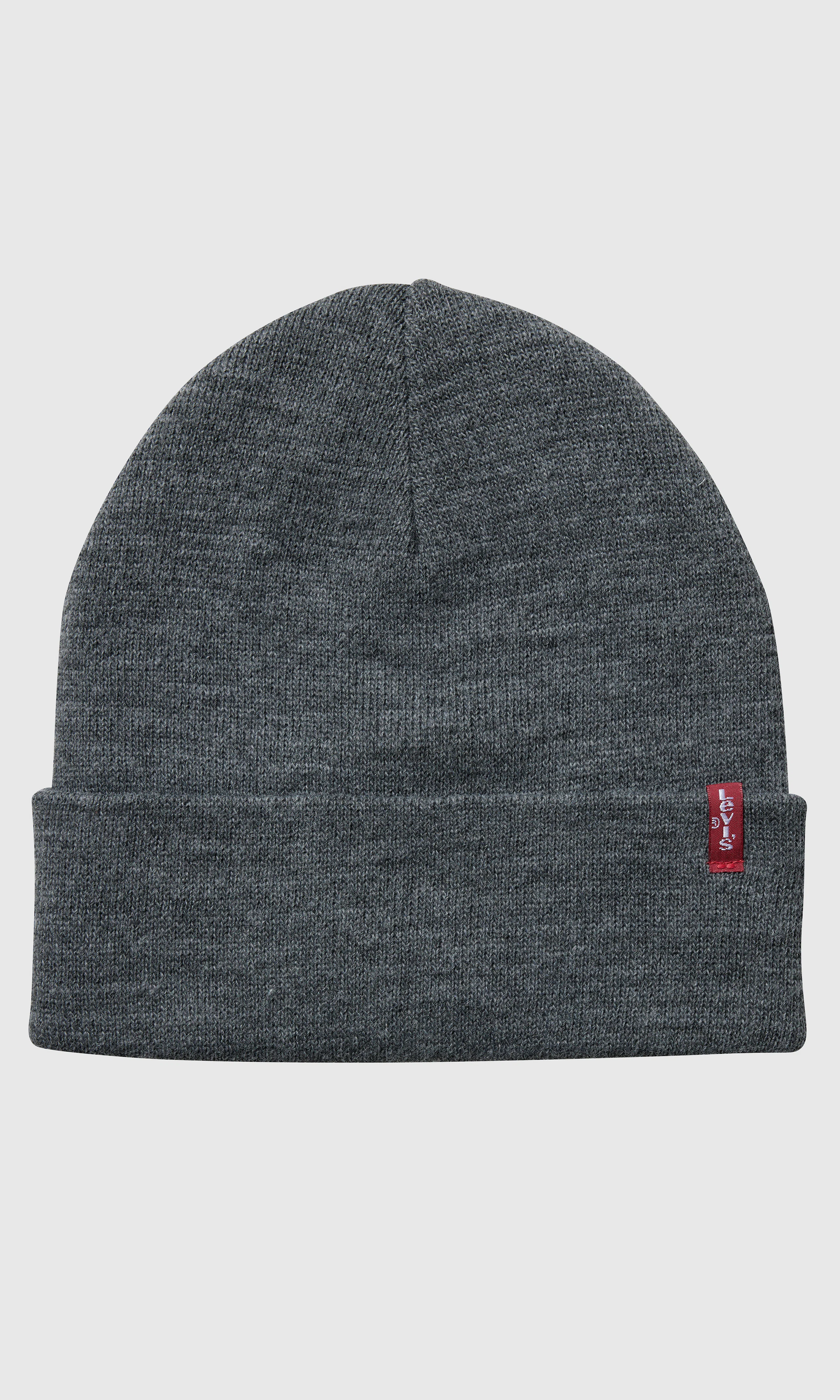 Slouchy Red Tab Grå Beanie Lue. Front. Flat.