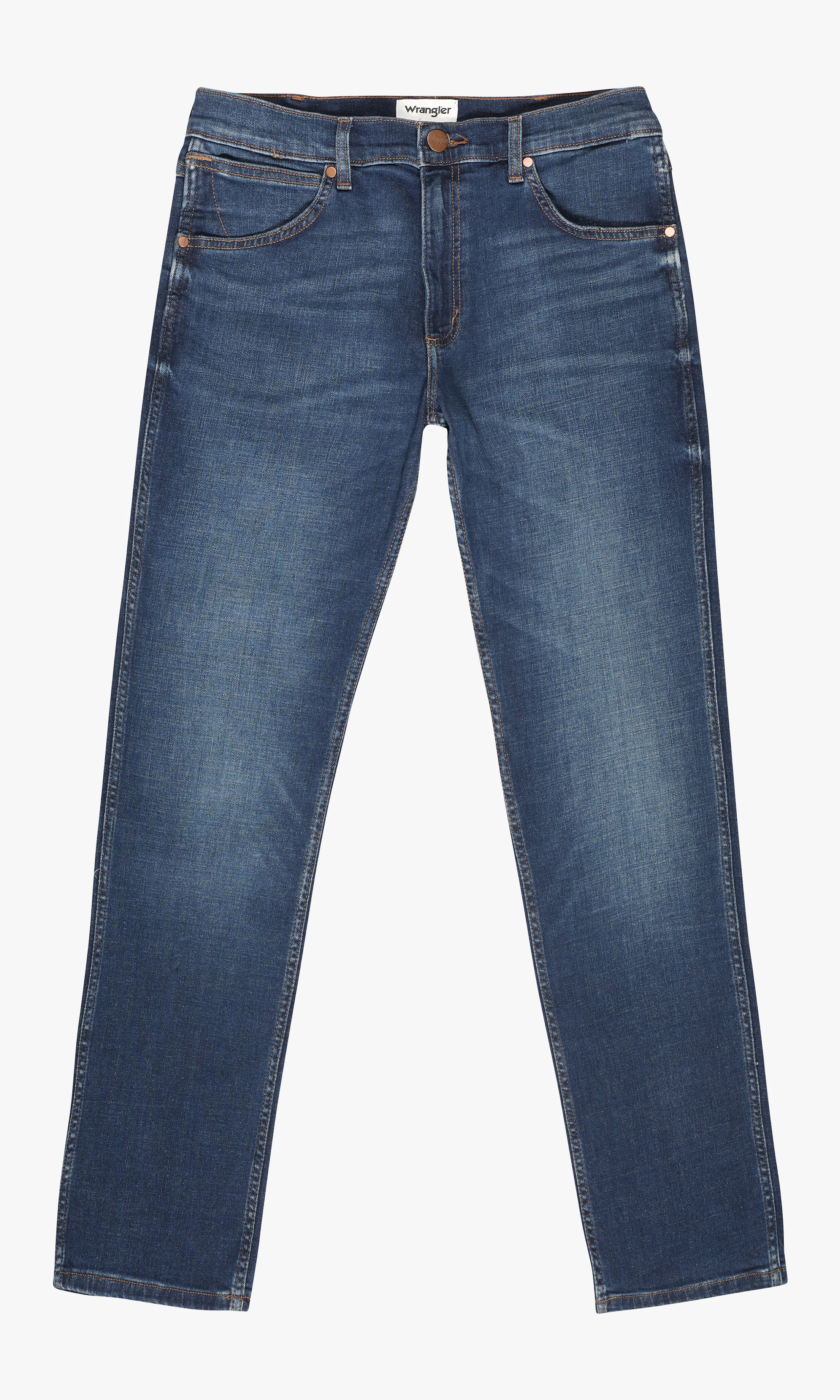 Greensboro Medium Blå Jeans. Front. Flat.