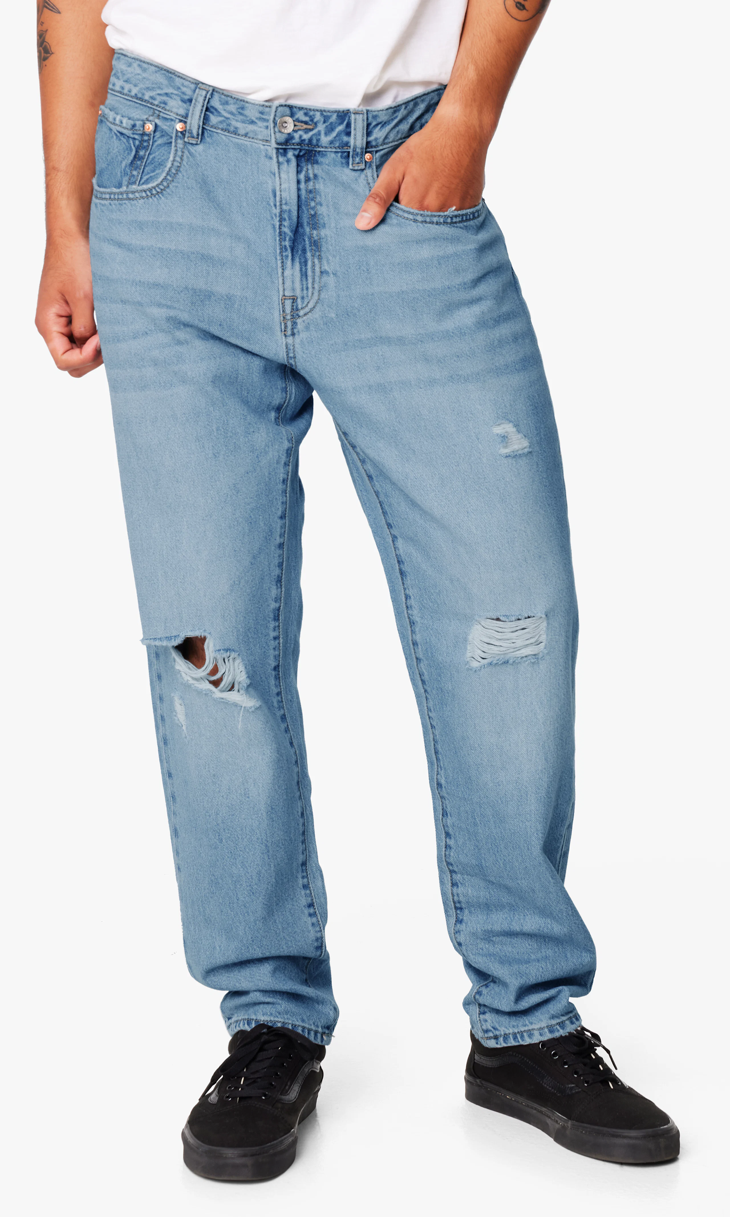 Skate Ripped Jeans. Front. Model.