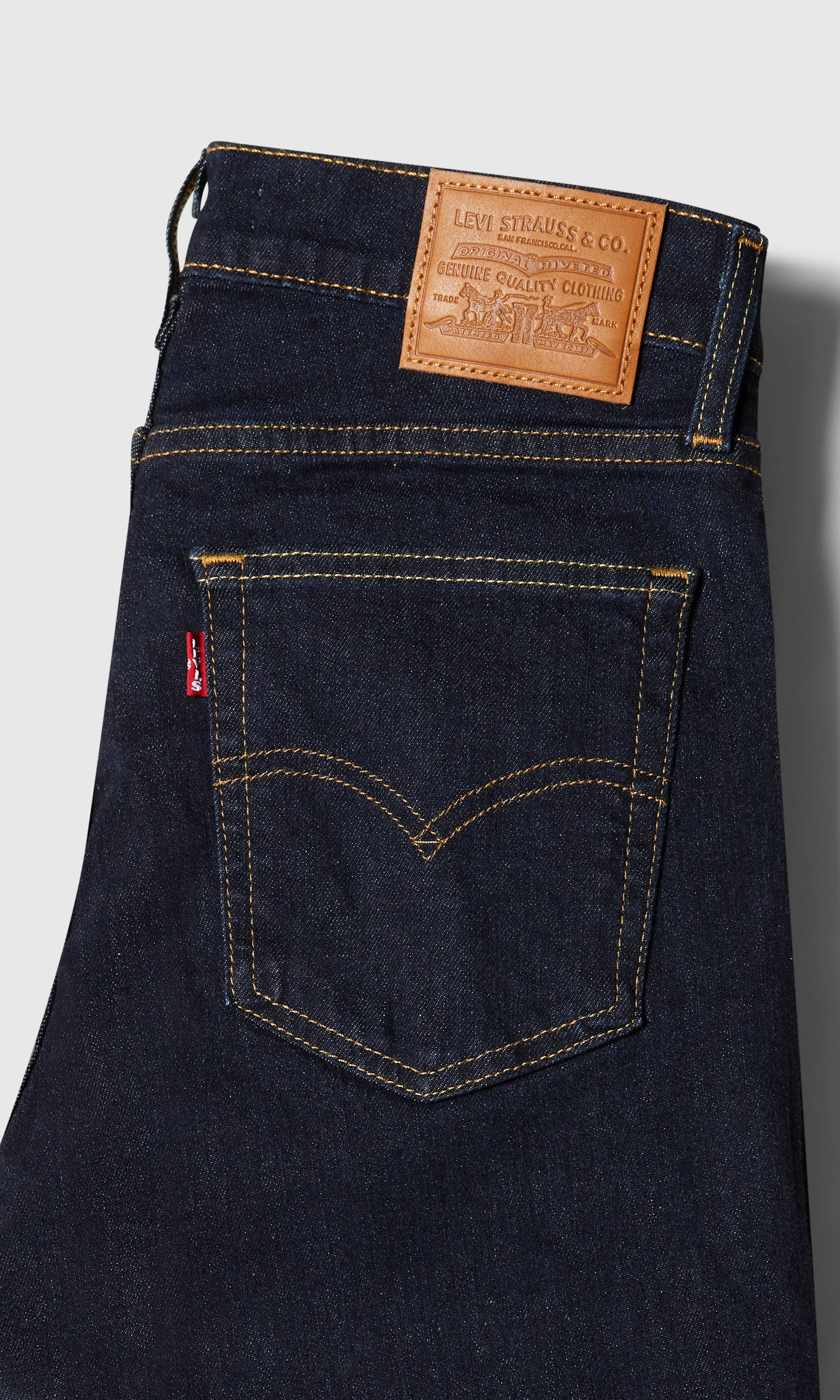 724™ High Rise Straight Mörkblå Jeans. Detail 1. Flat.