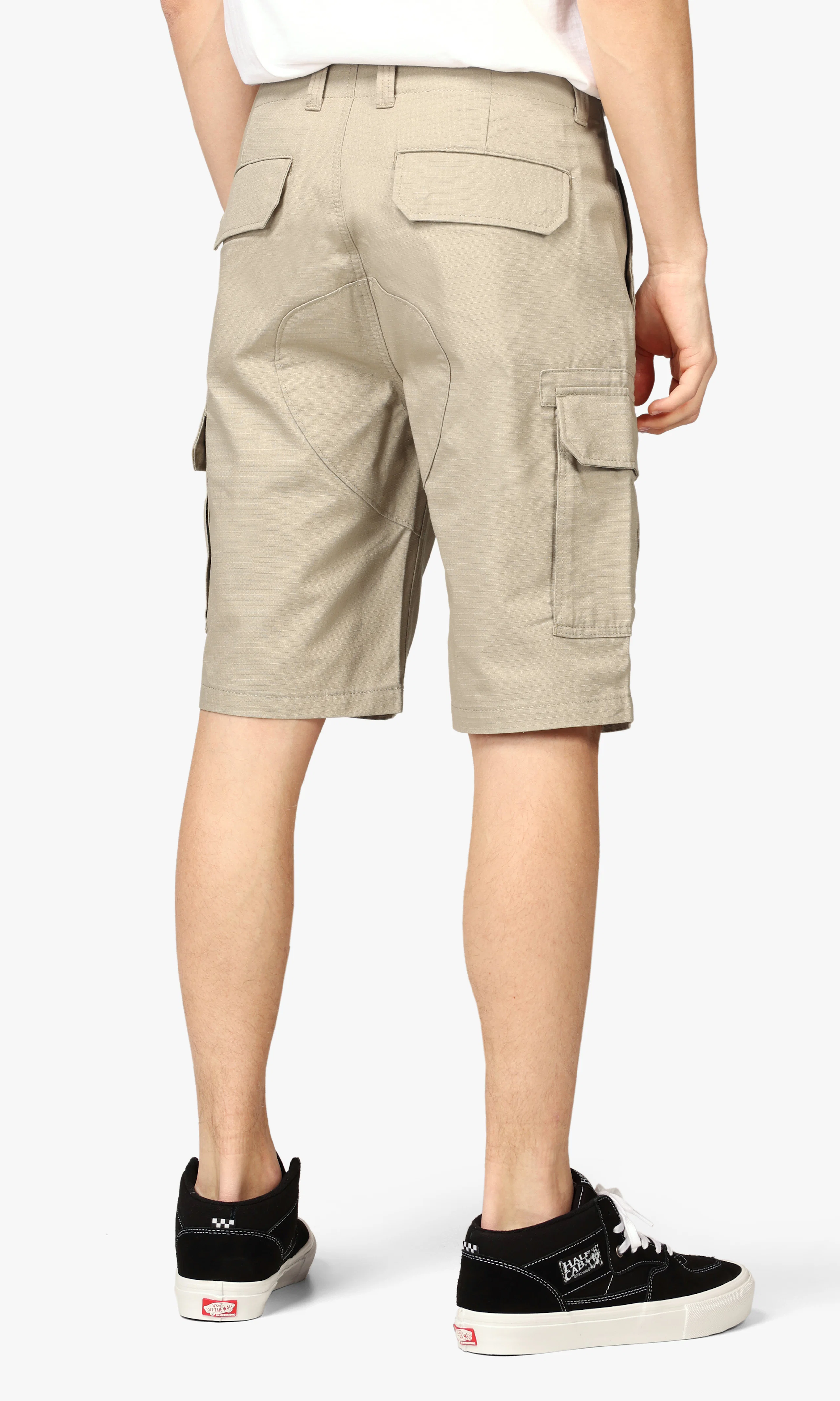 Millerville Khaki Shorts. Back. Model.