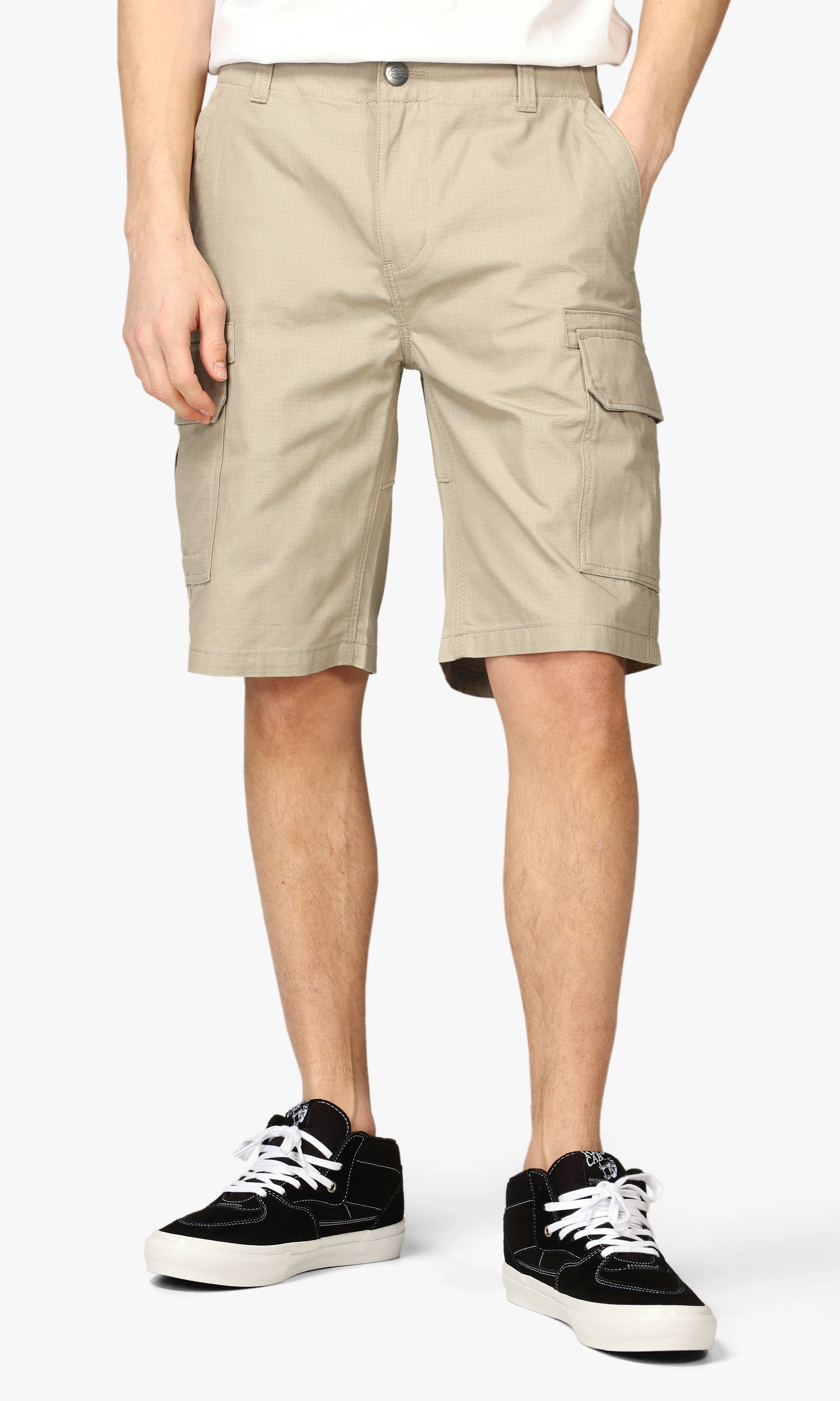 Millerville Khaki Shorts. Front. Model.