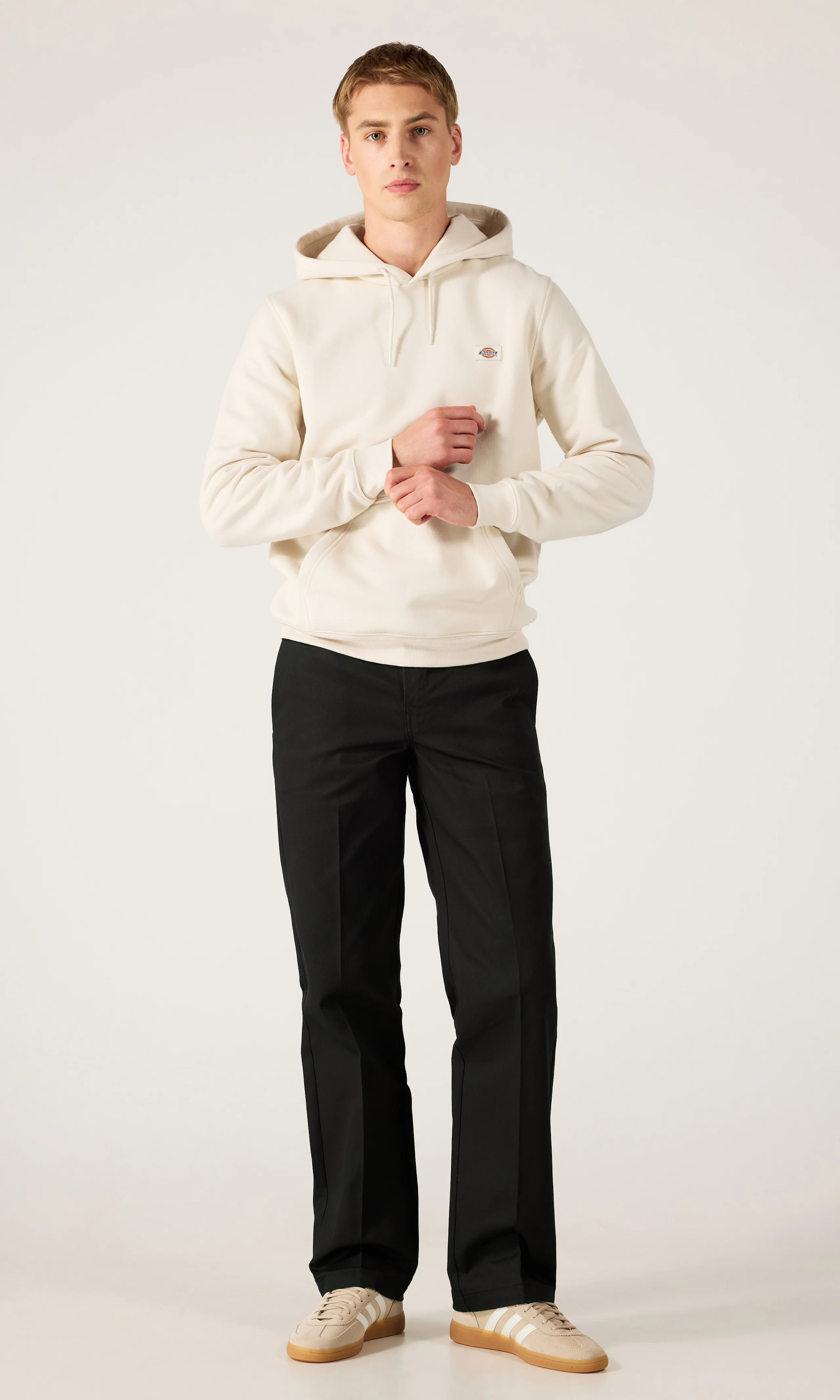 Oakport Off White Hoodie. Front 1. Model.