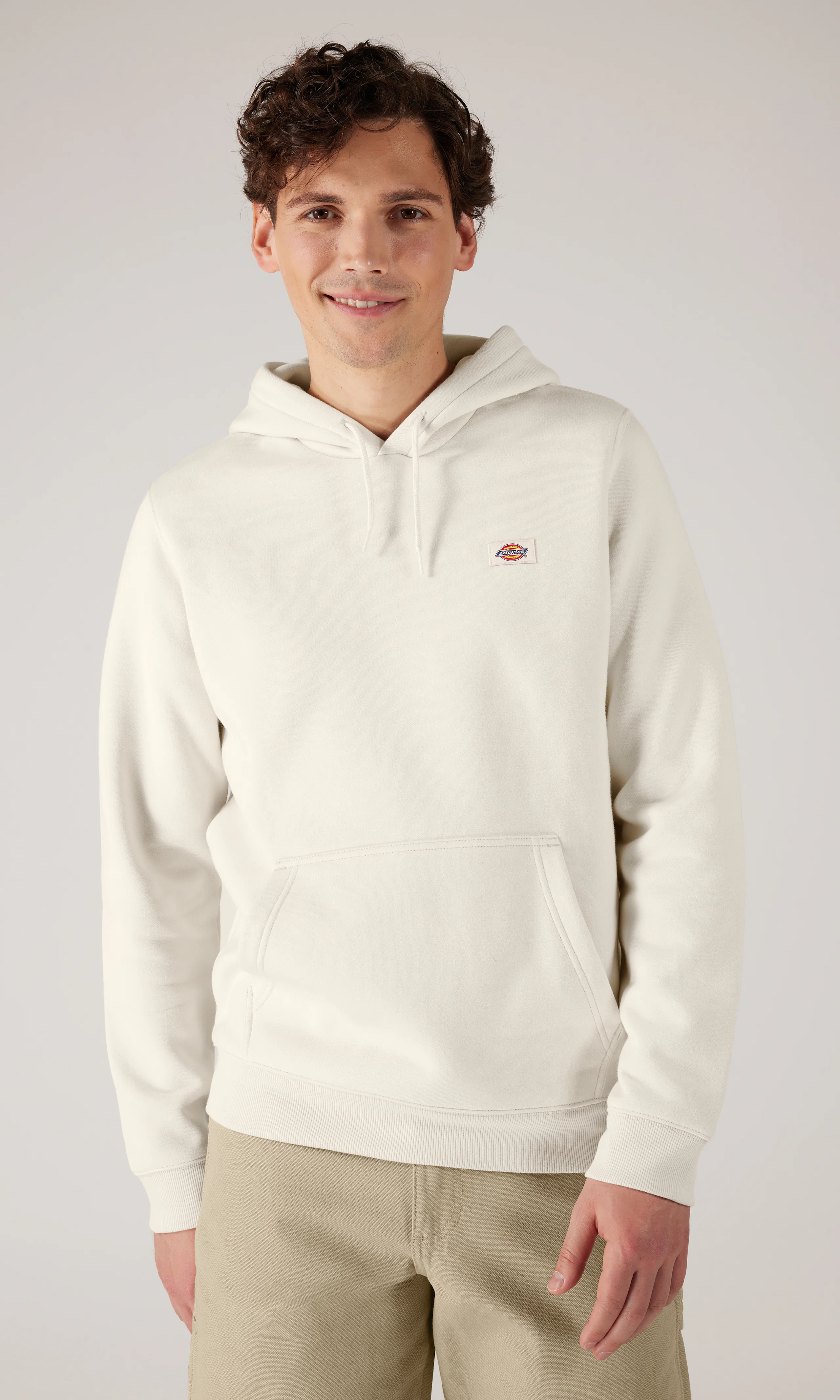 Oakport Off White Hoodie. Front. Model.