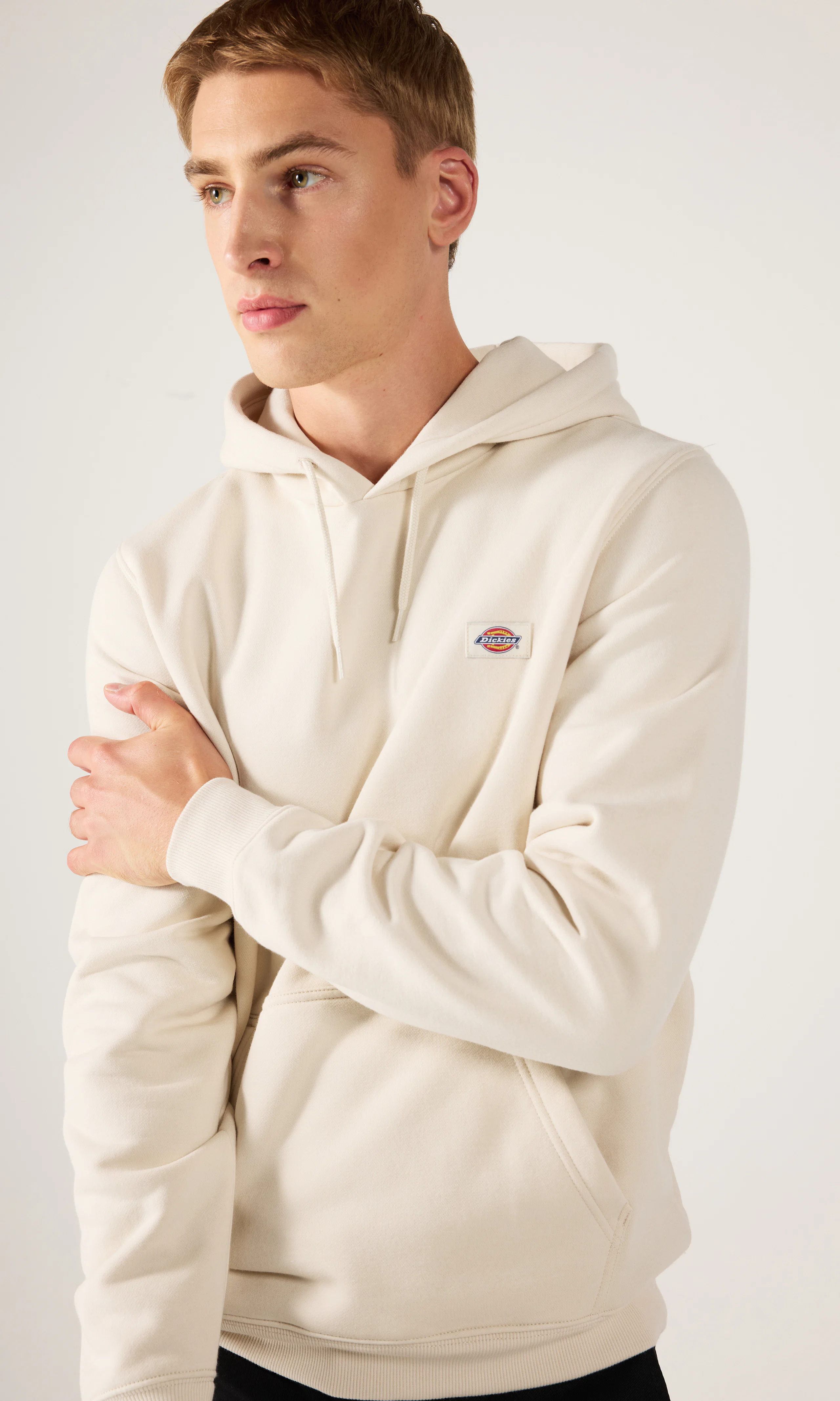 Oakport Off White Hoodie. Front. Model.
