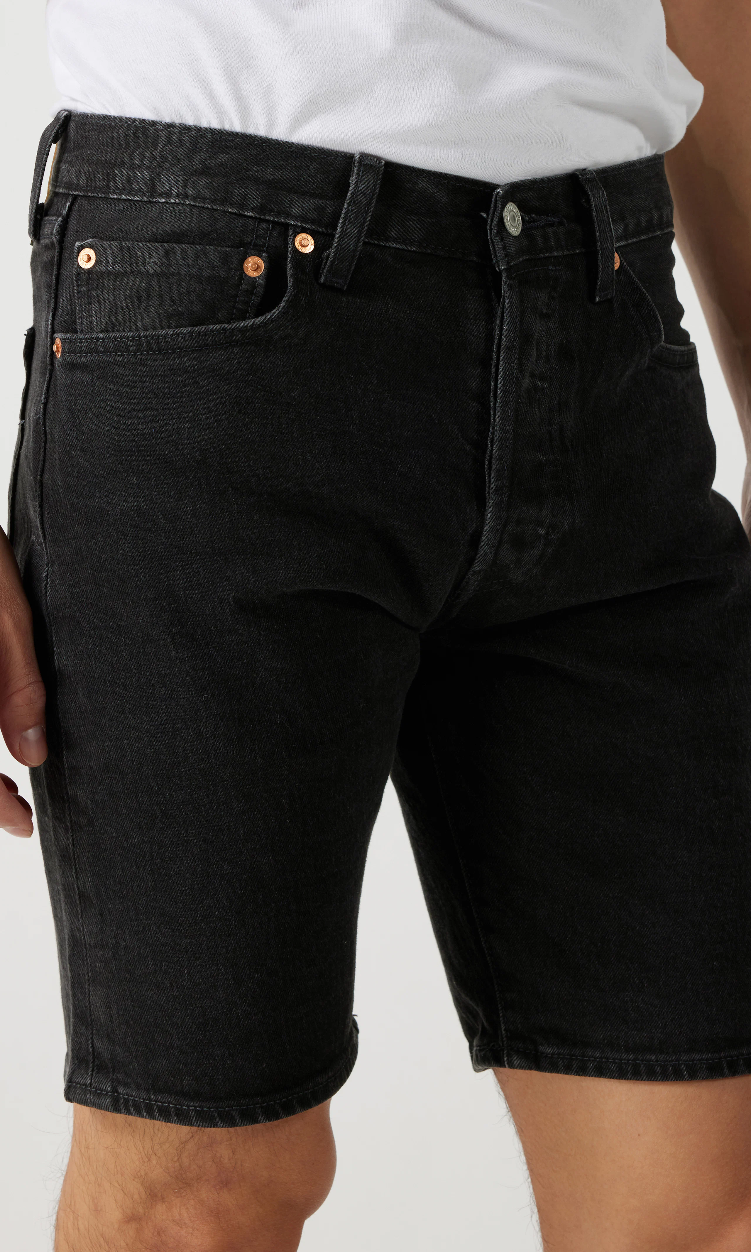 501® Original Mustat Shortsit. Detail 2. Model.