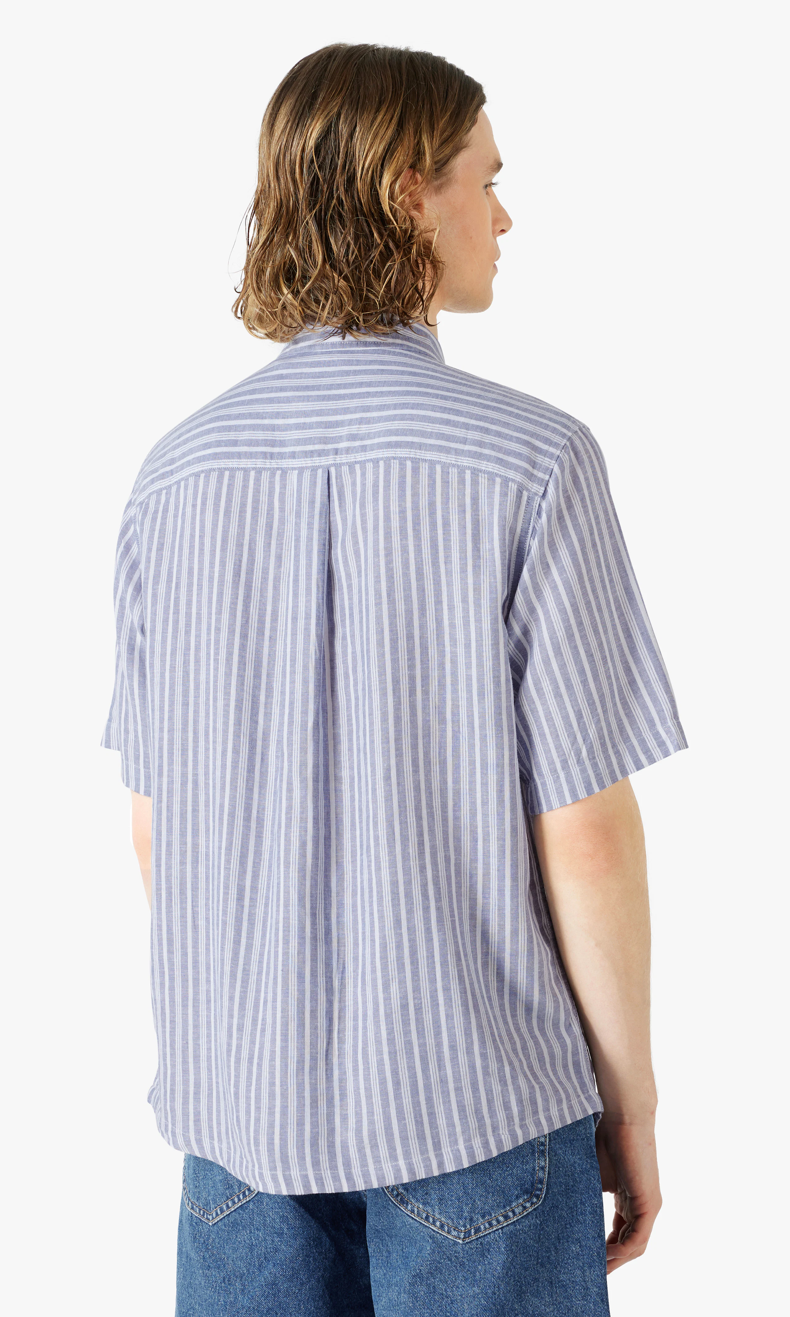 Popover Raidallinen Pellavasekoitus Paita. Back. Model.