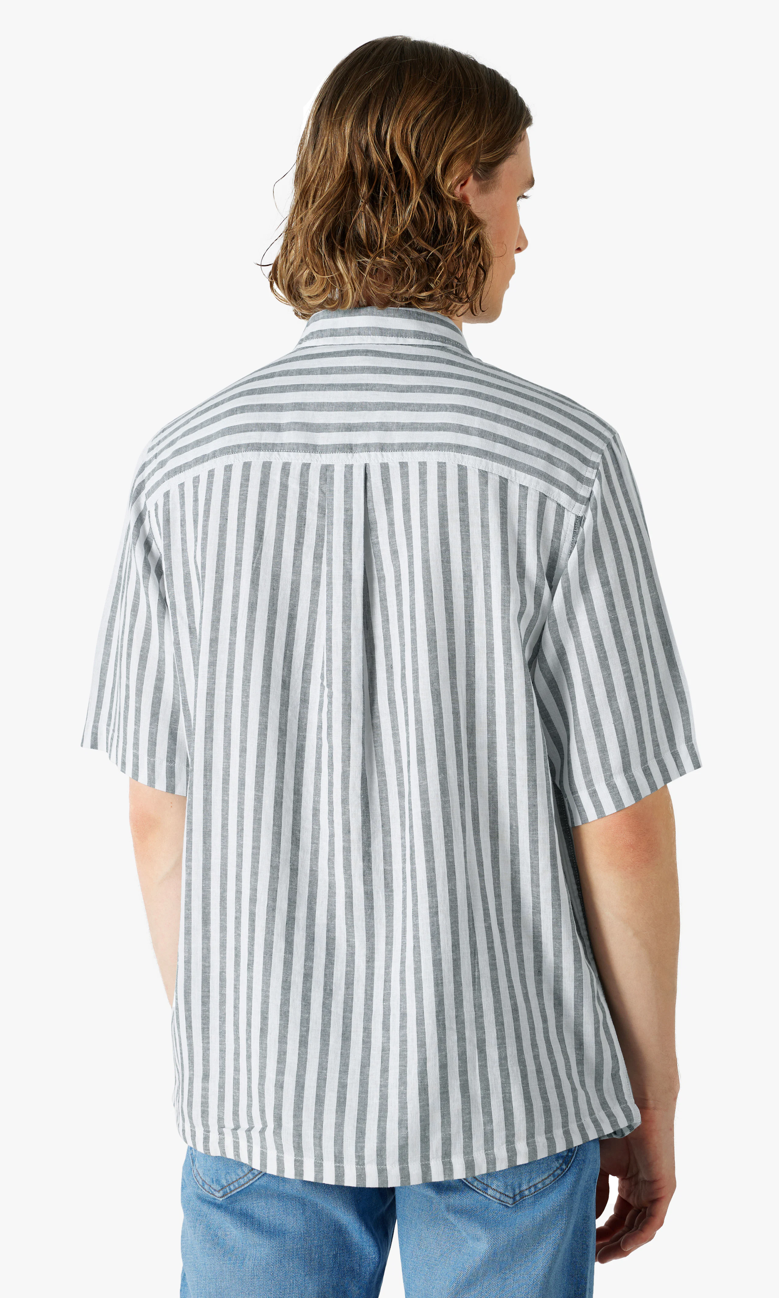 Popover Grønn Stripete Linmiks Skjorte. Back. Model.