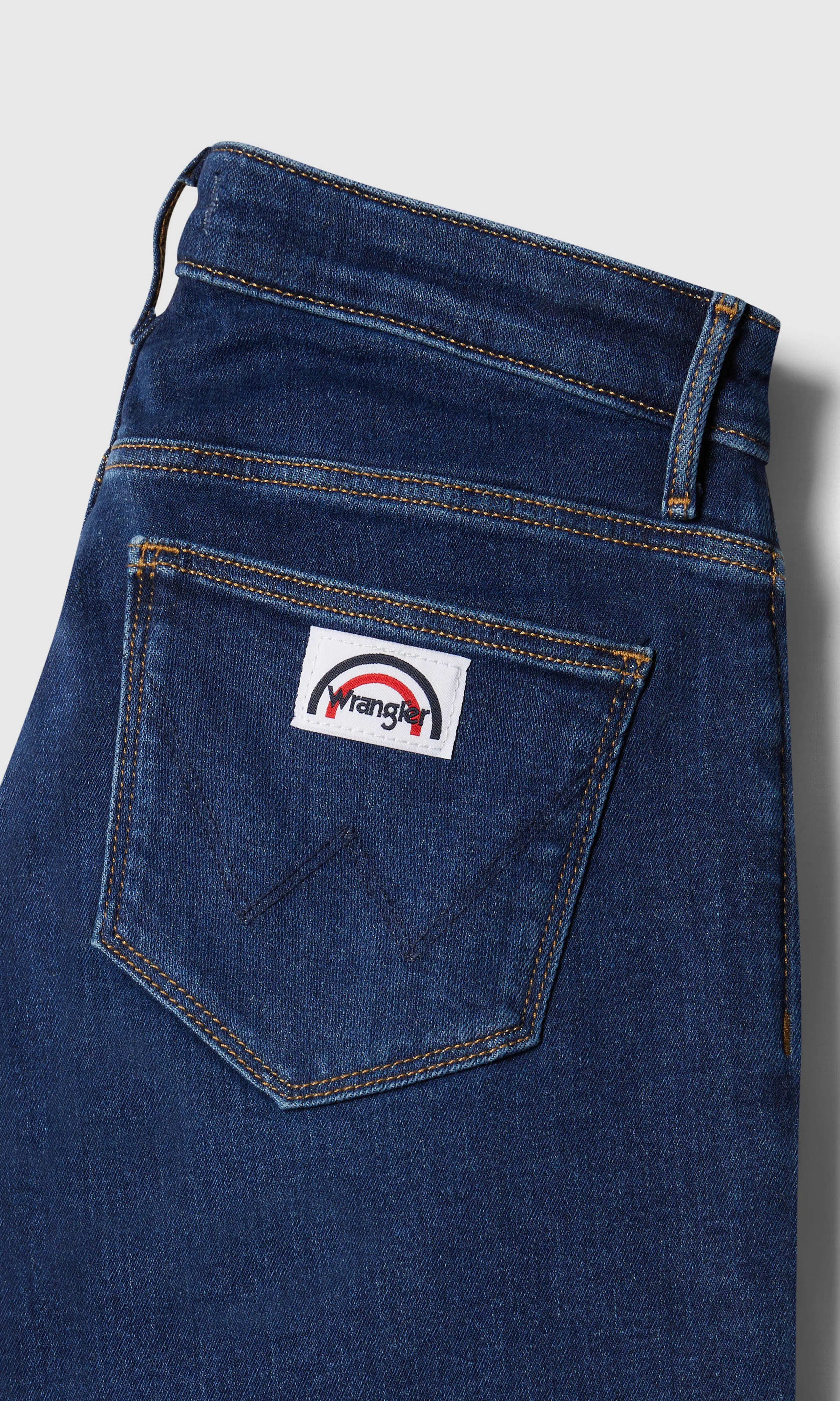 Flare Mörkblå Jeans. Detail 1. Flat.