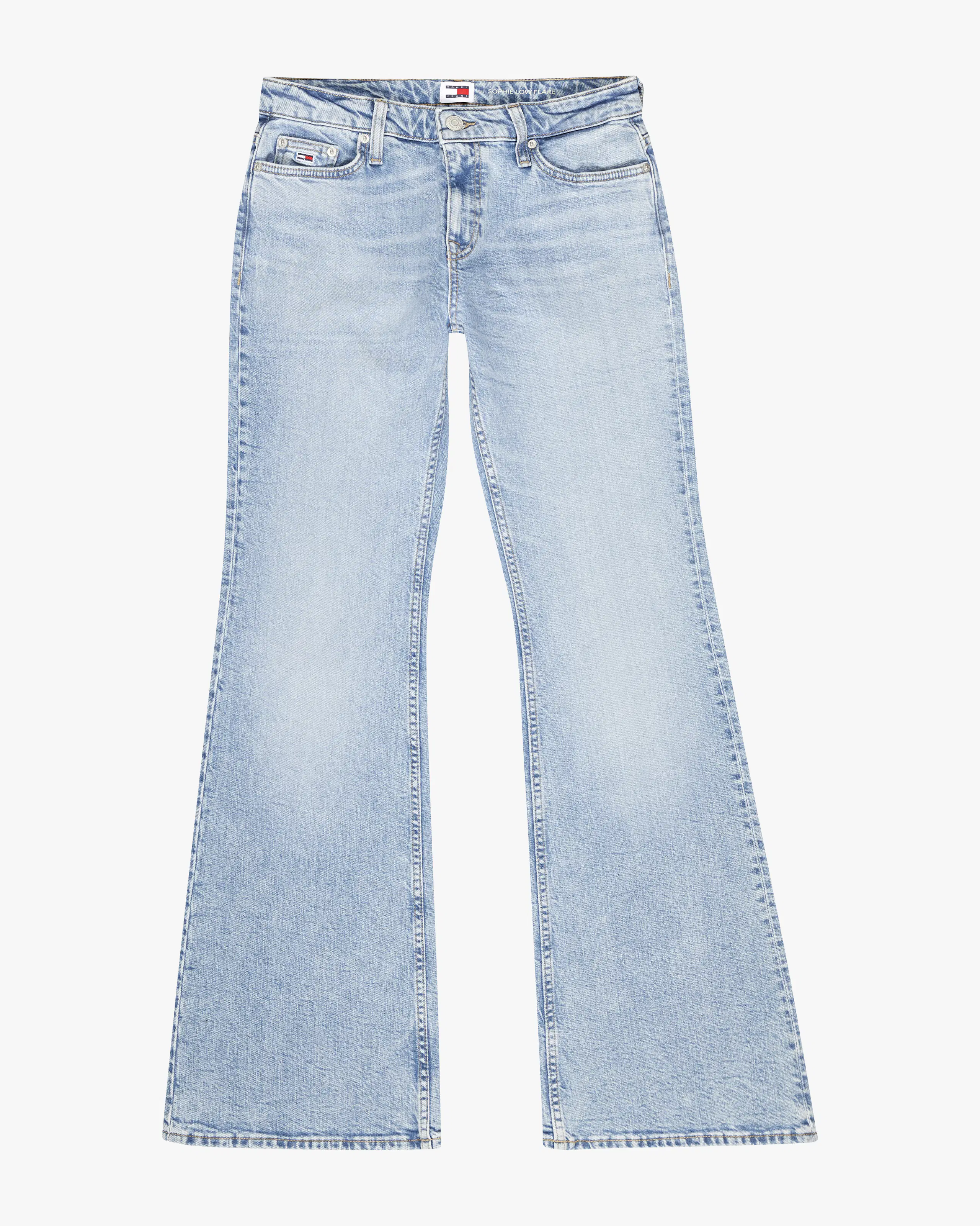 Sophie Low Rise Lys Blå Flare Jeans. Front. Flat.