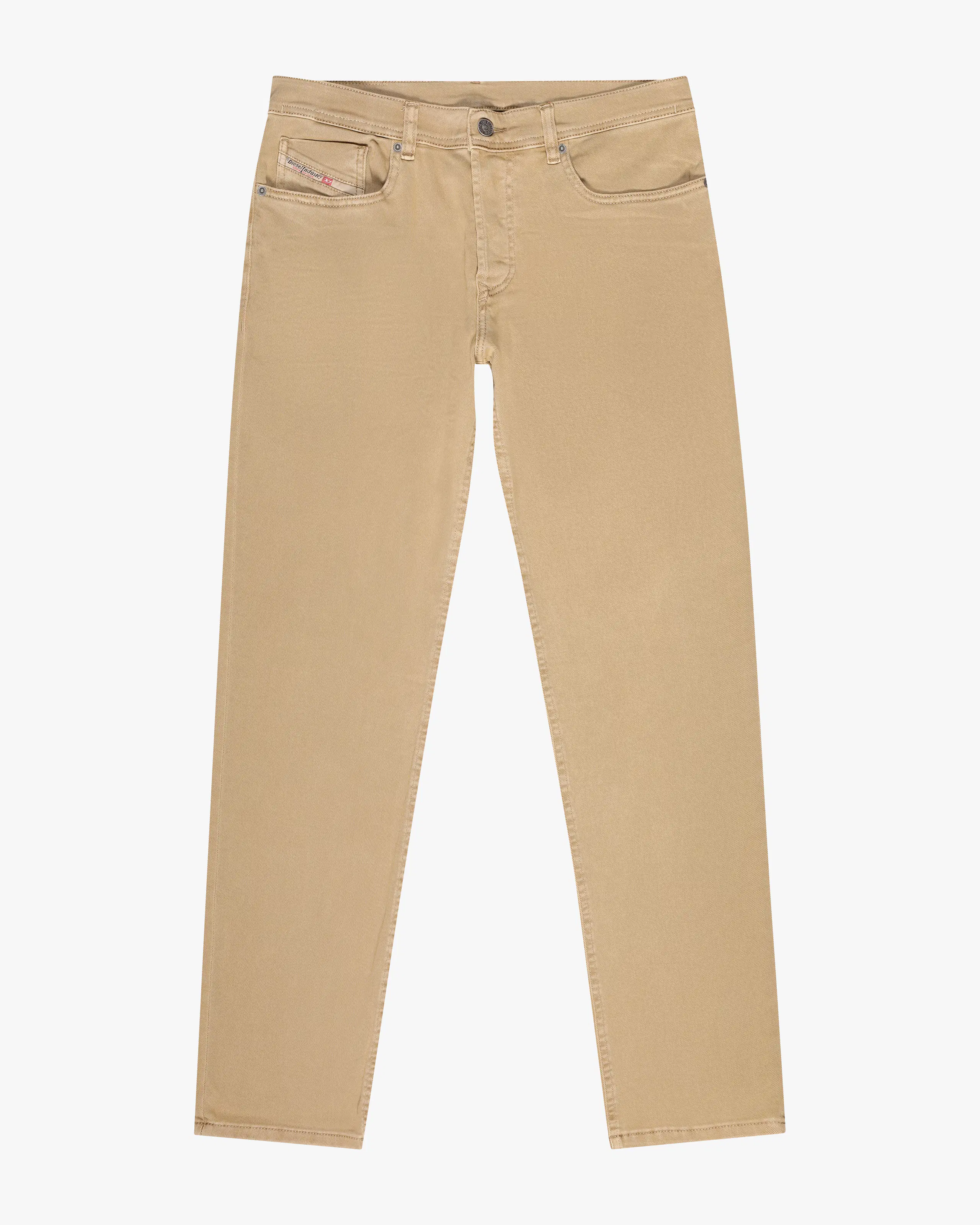 2023 D-Finitive Beige Tapered Jeans. Front. Flat.