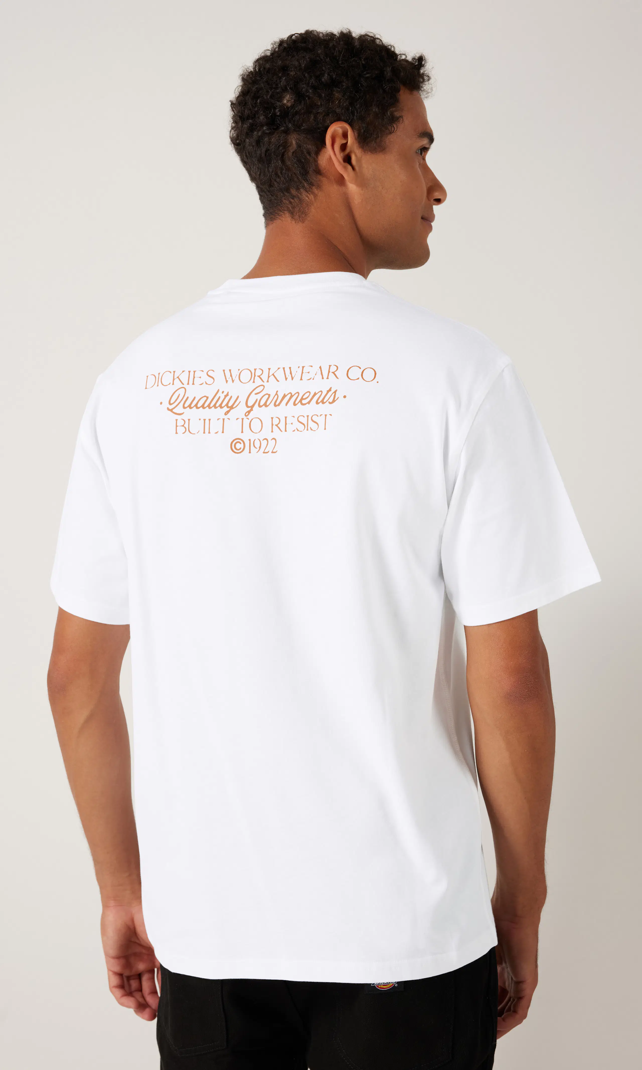 Globe Off White T-Shirt. Back. Model.