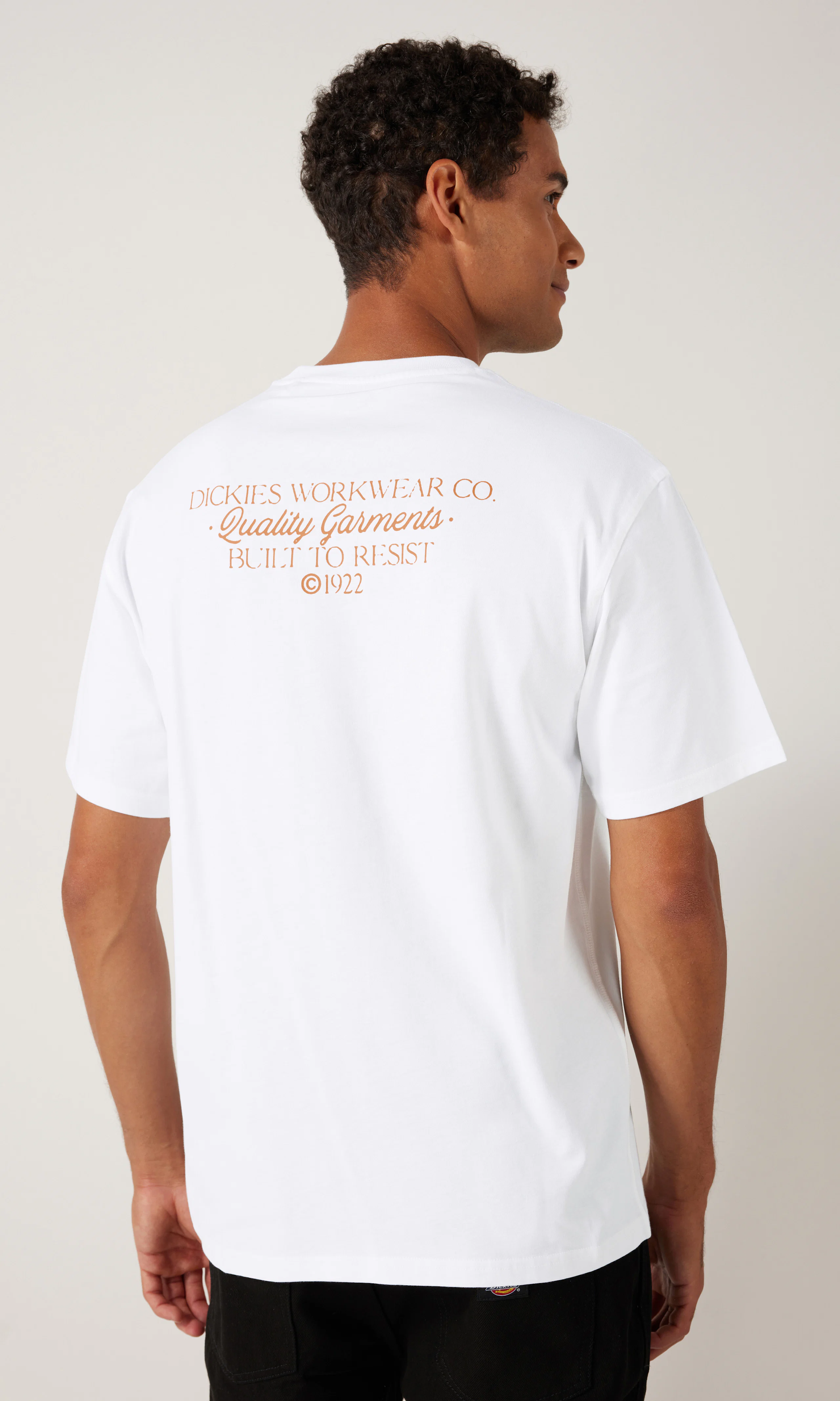 Globe Off White T-Shirt. Back. Model.