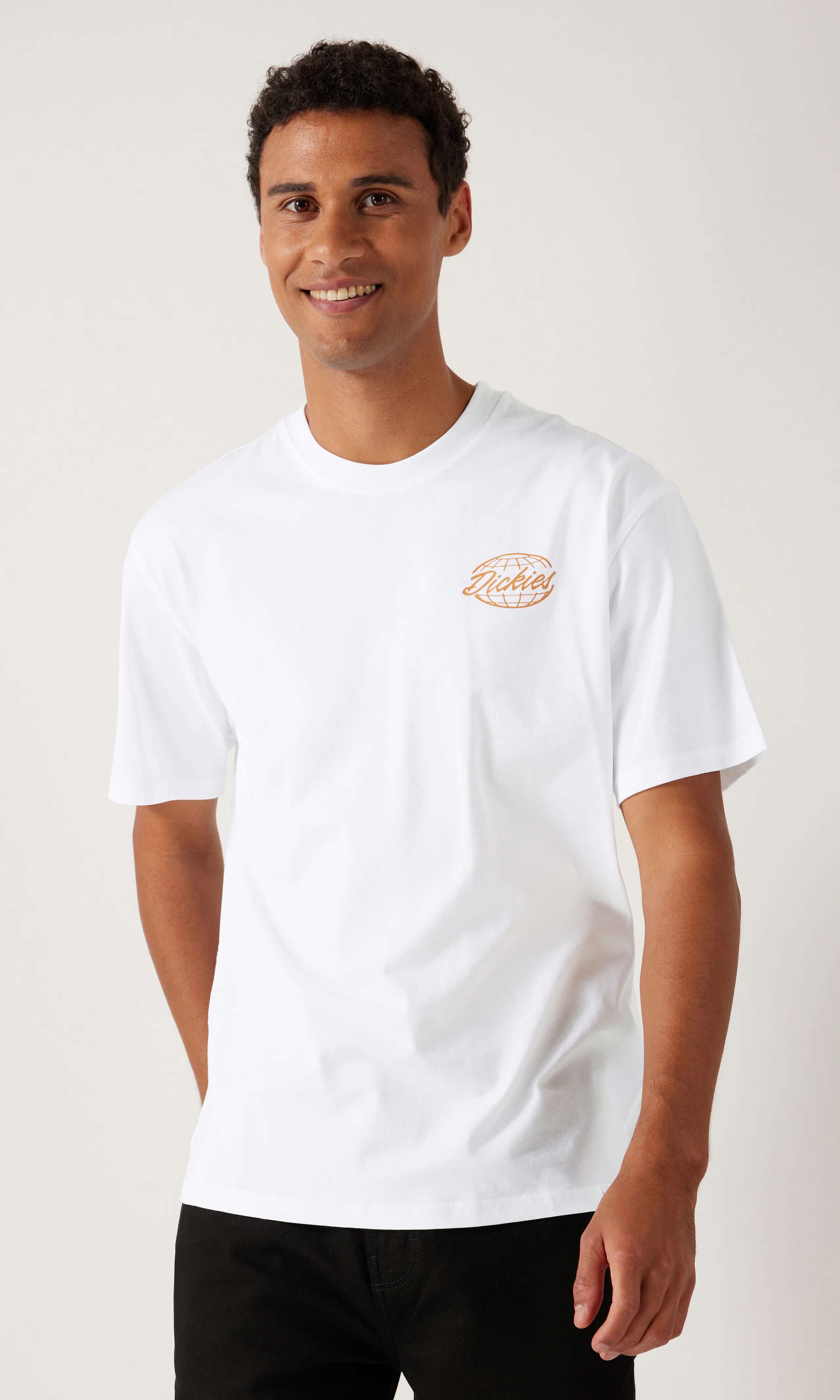 Globe Off White T-Shirt. Front. Model.