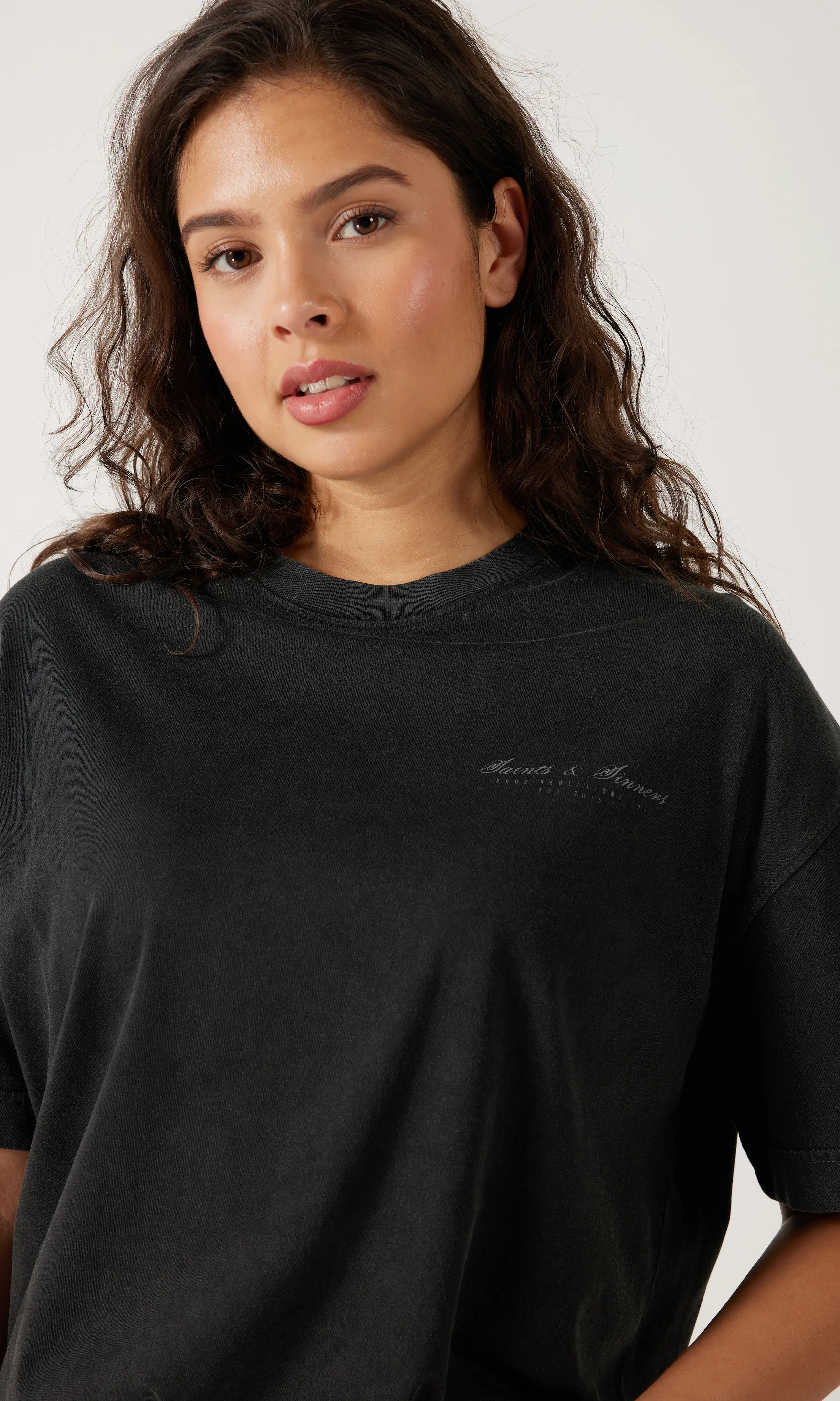 Saint Print T-Shirt. Detail 1. Model.