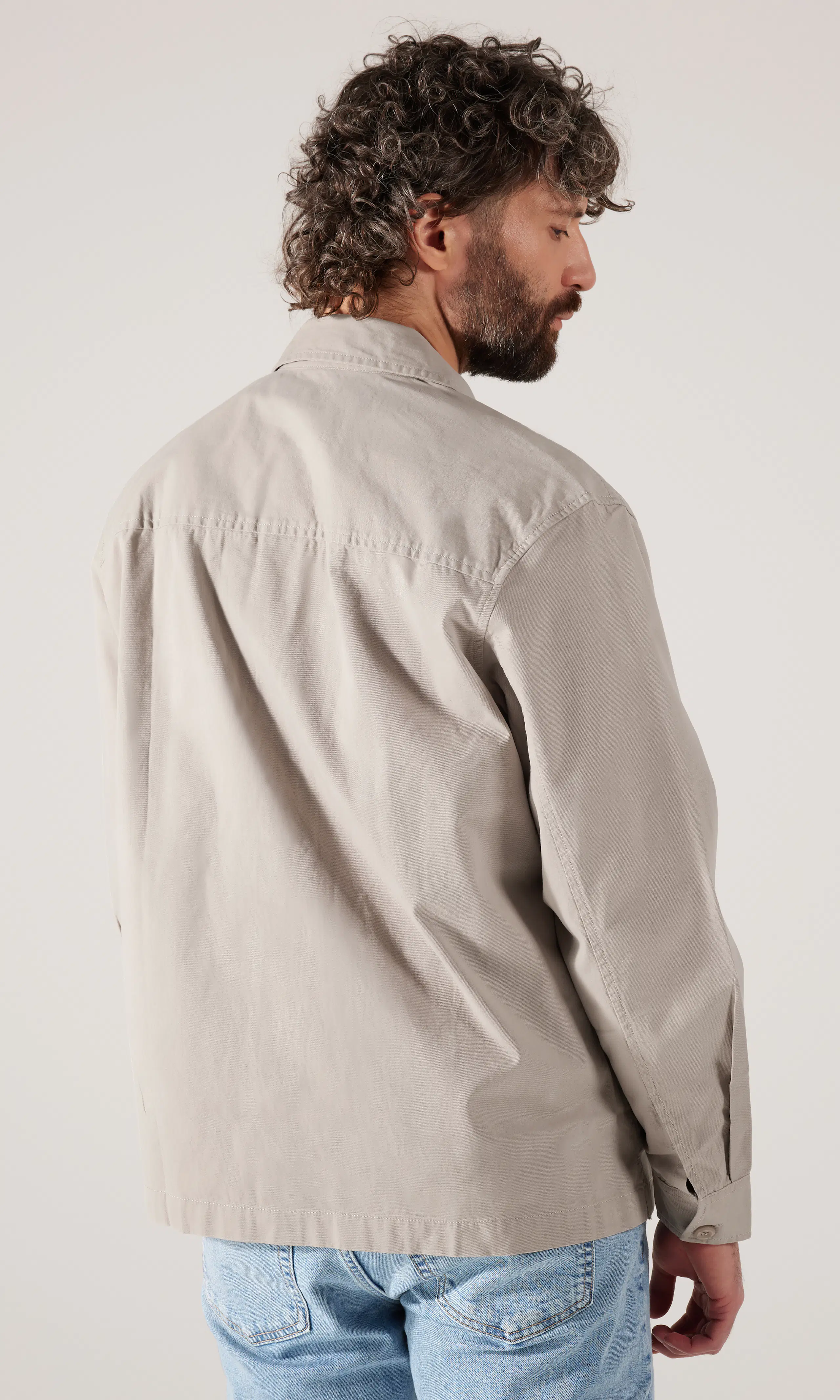 Clean Cotton Beige Overshirt. Back. Model.
