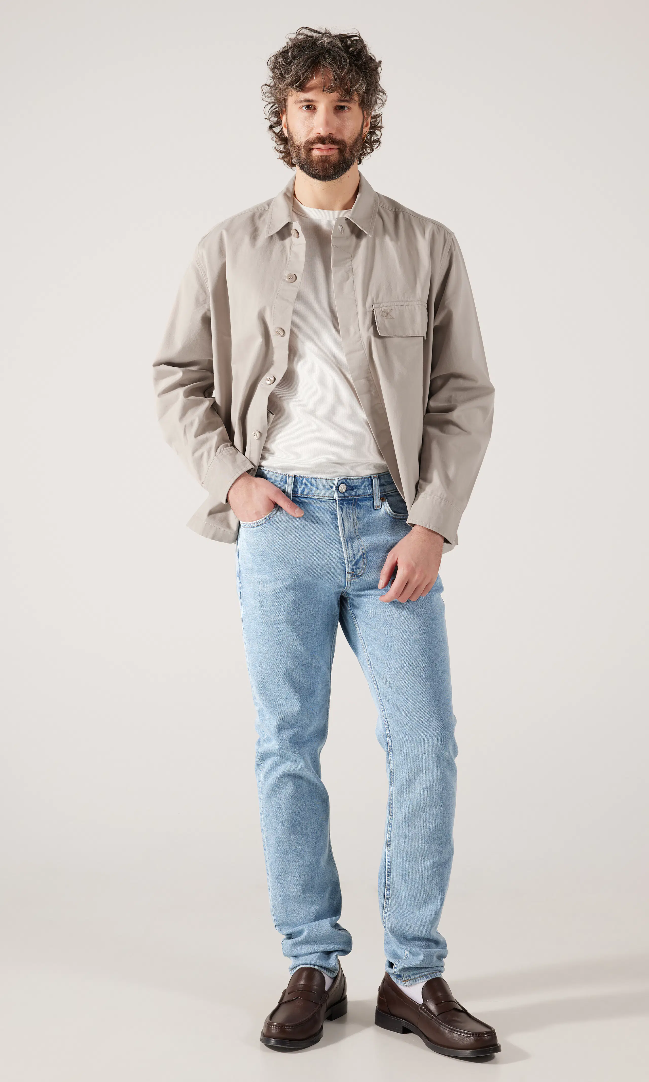 Clean Cotton Beige Overshirt. Front 1. Model.