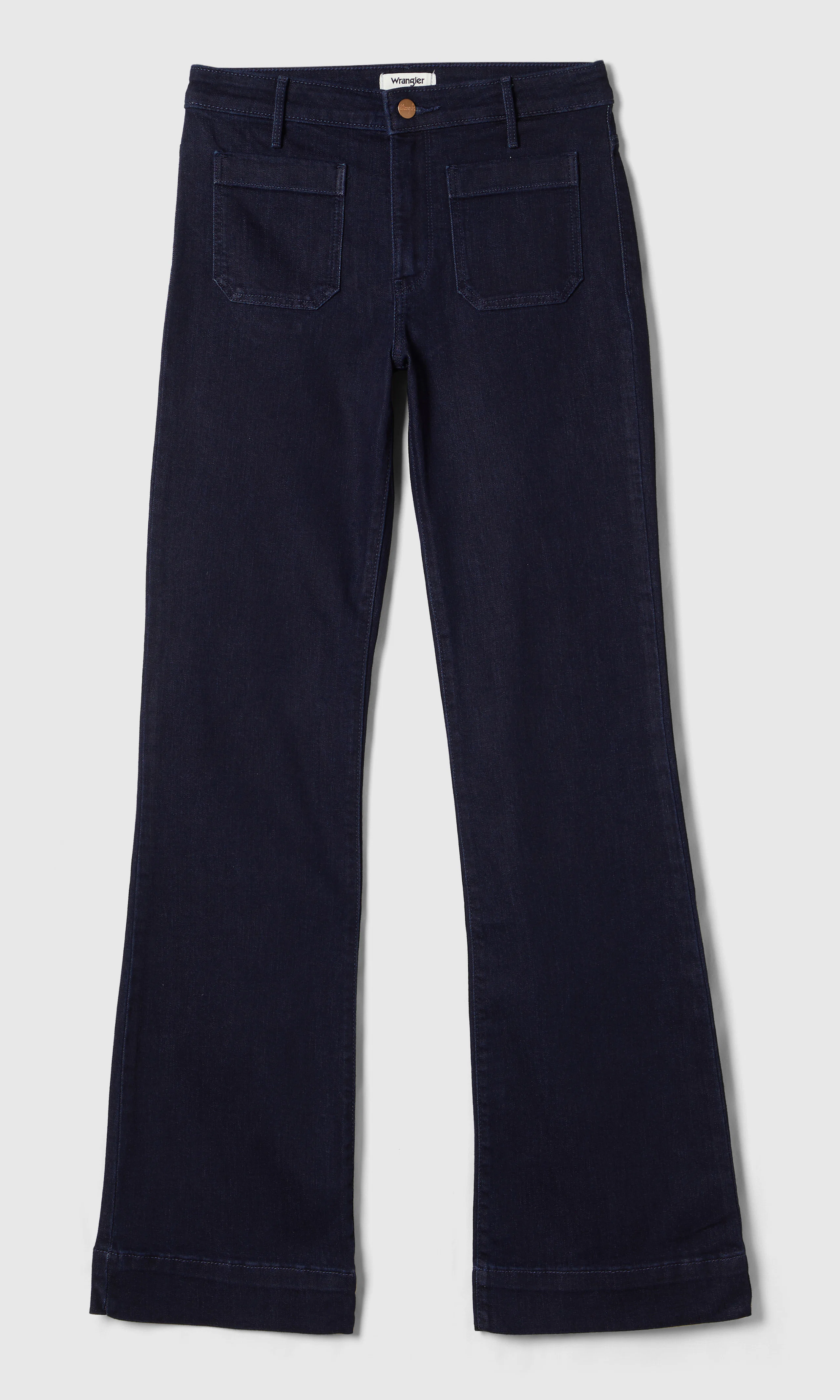 Flare Mørk Blå Jeans. Front. Flat.