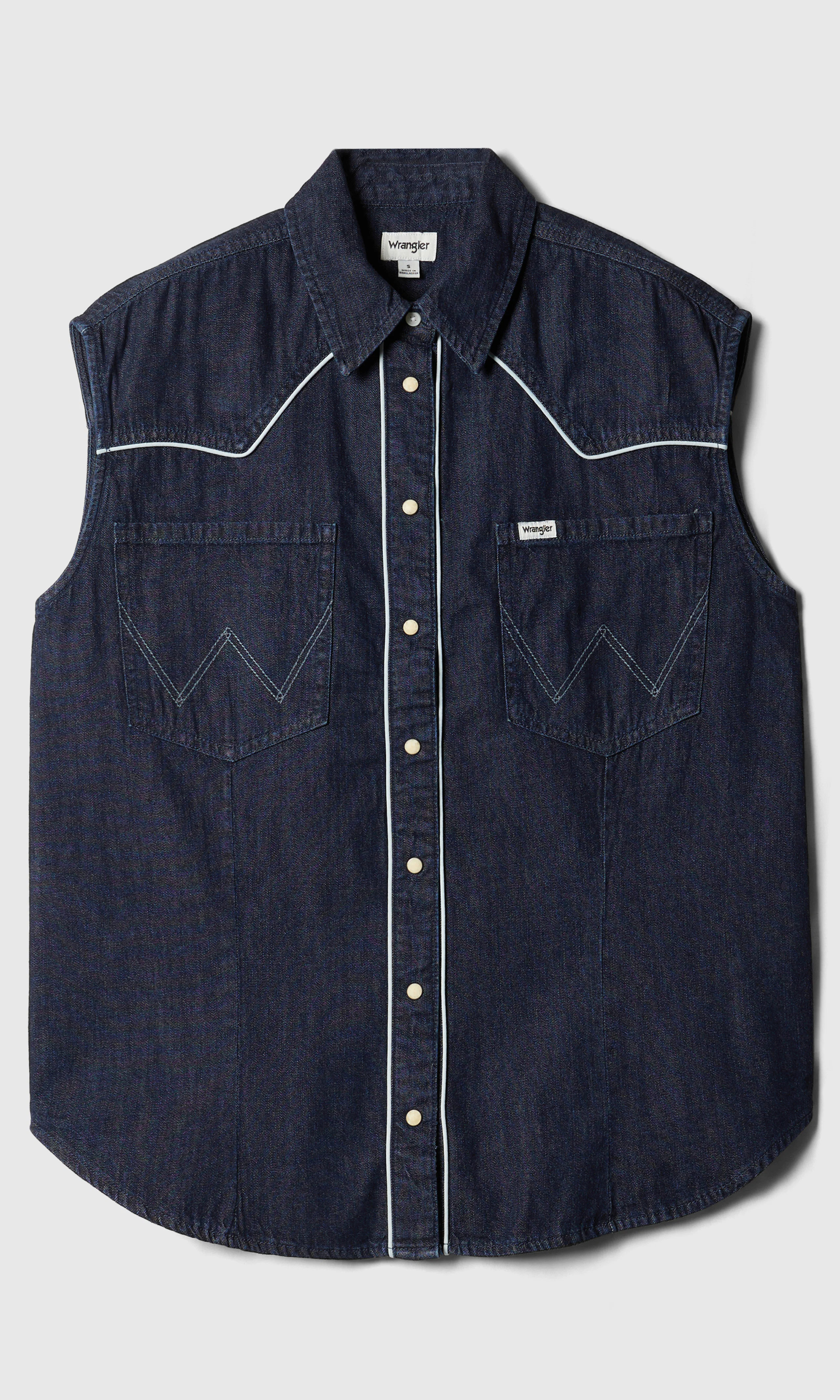 Sleeveless Mörkblå Denim Skjorta. Front. Flat.