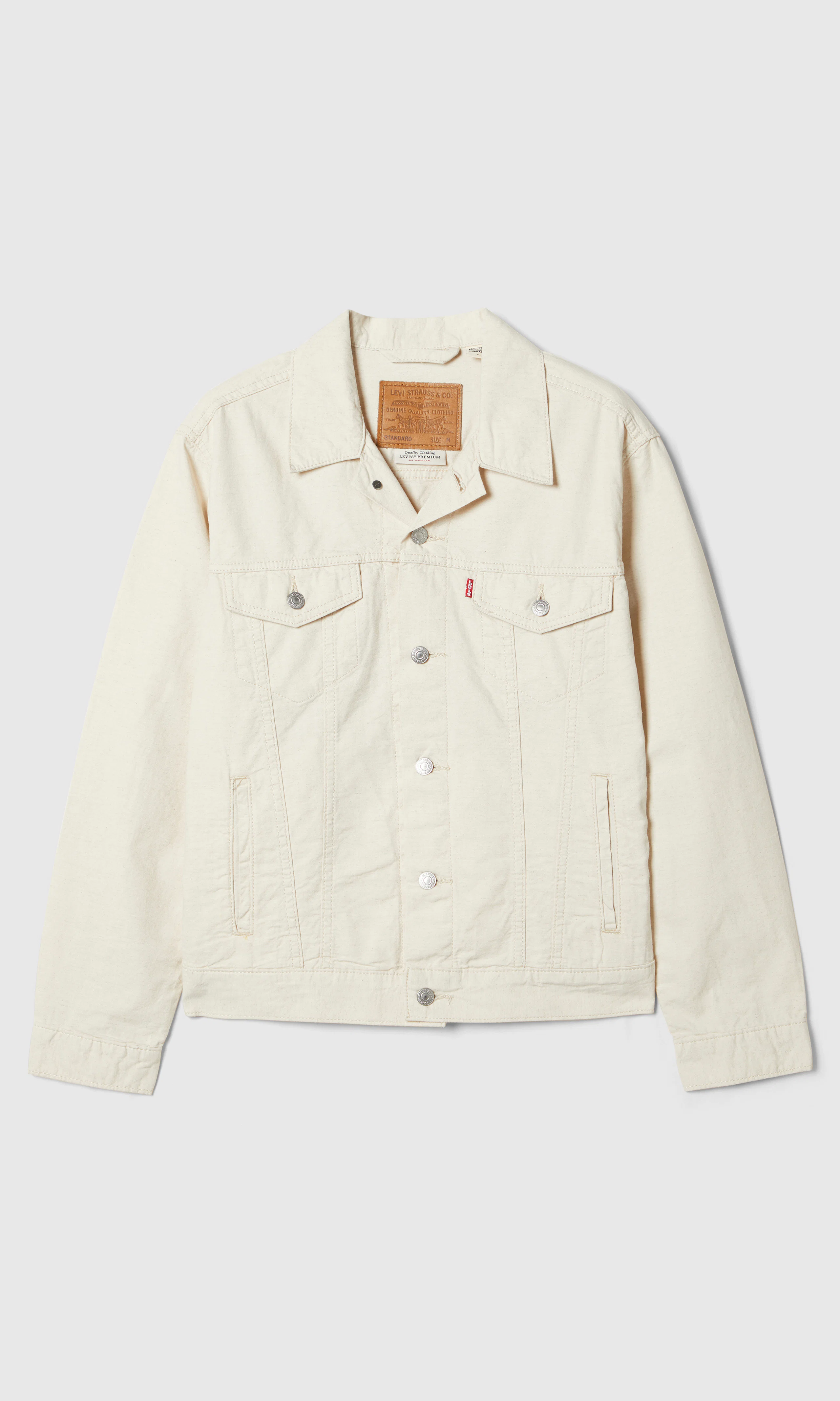 The Trucker Beige Denim Jacka. Front. Flat.
