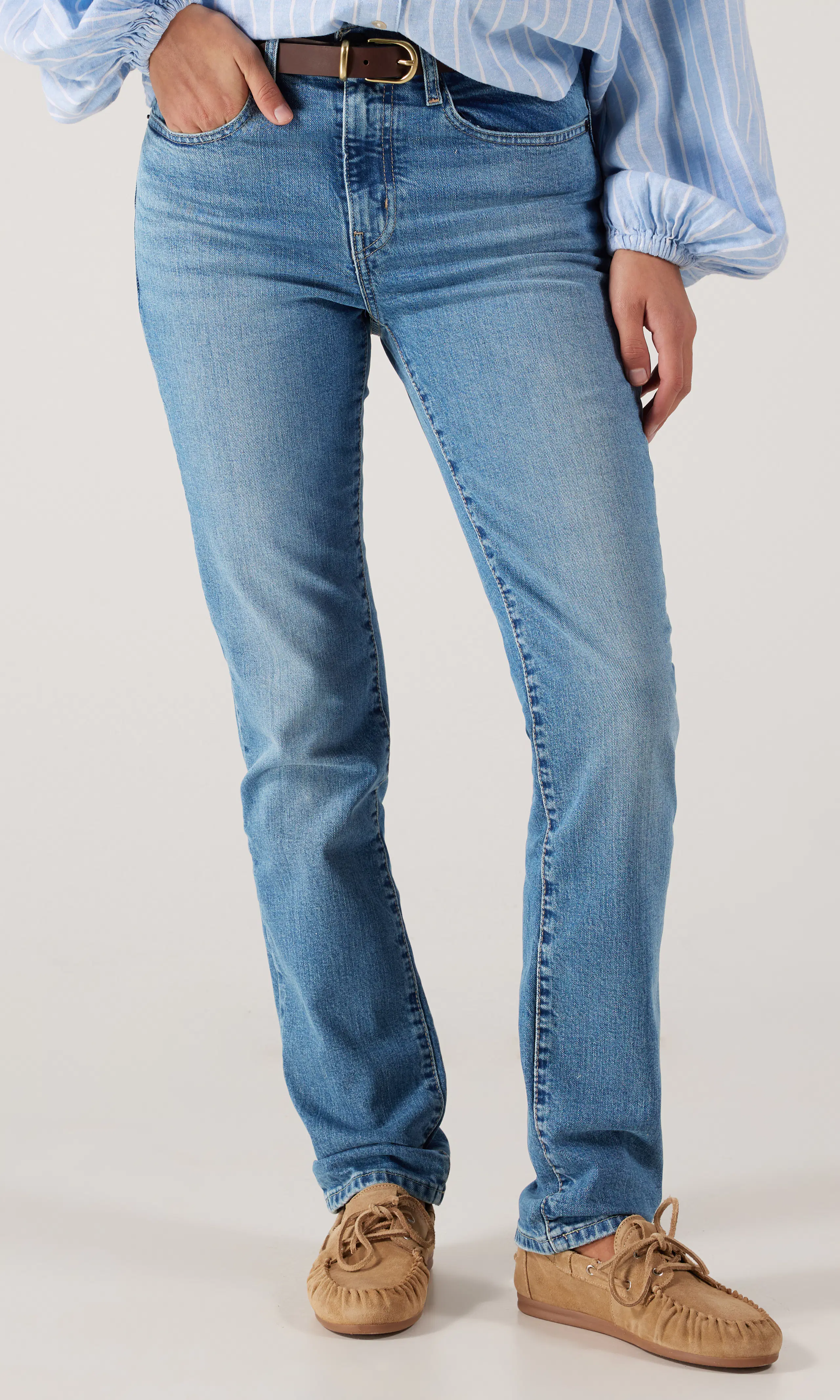 724™ High Rise Straight Ljusblå Jeans. Front. Model.