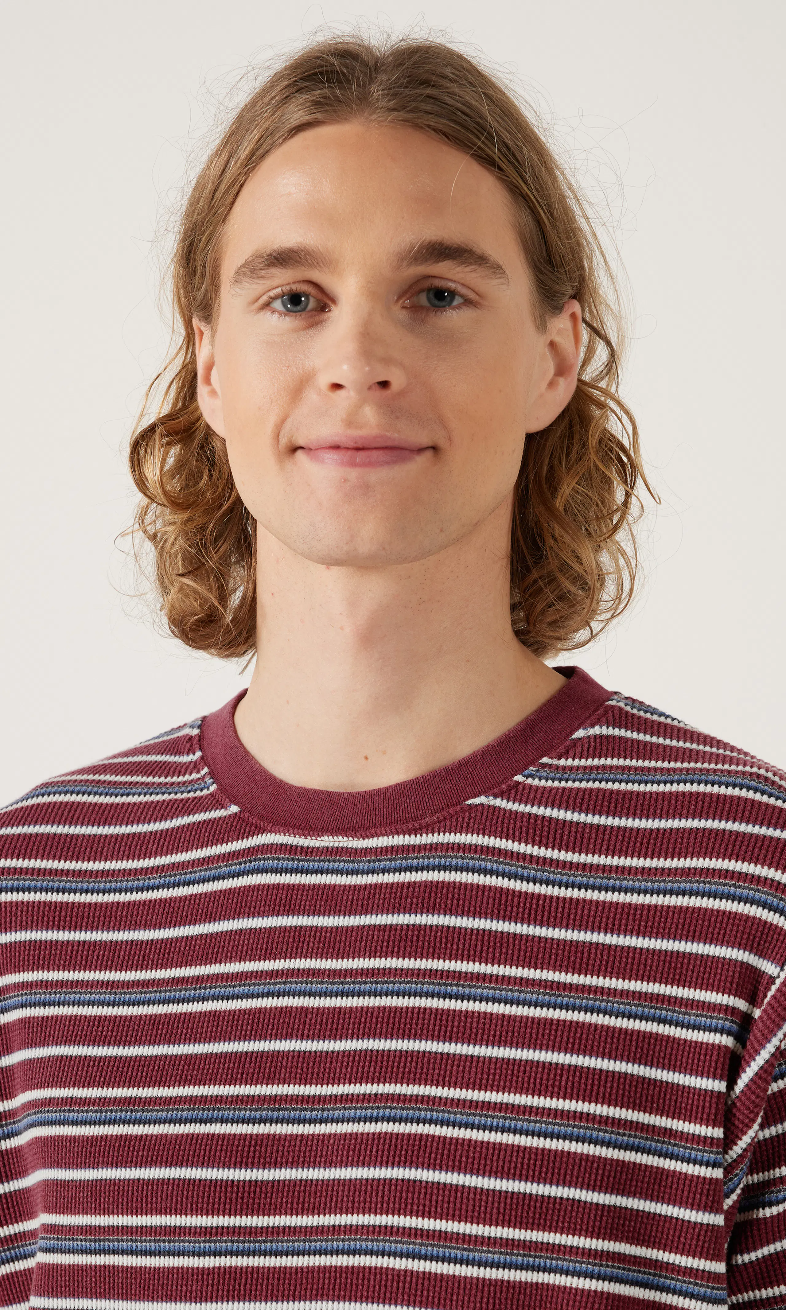 Waffle Stripe T-shirt. Detail 1. Model.