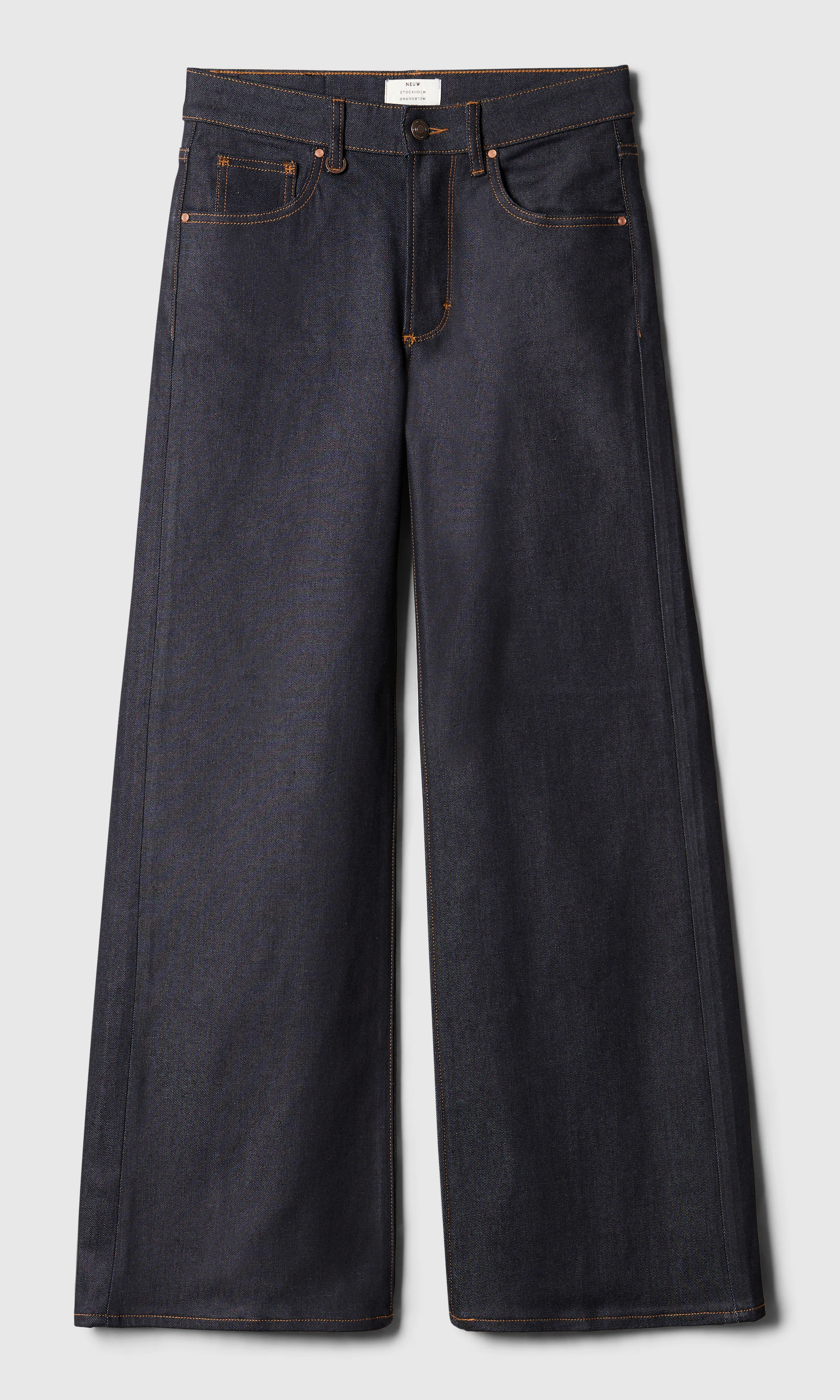 Eva Wide Mörkblå Jeans. Front. Flat.