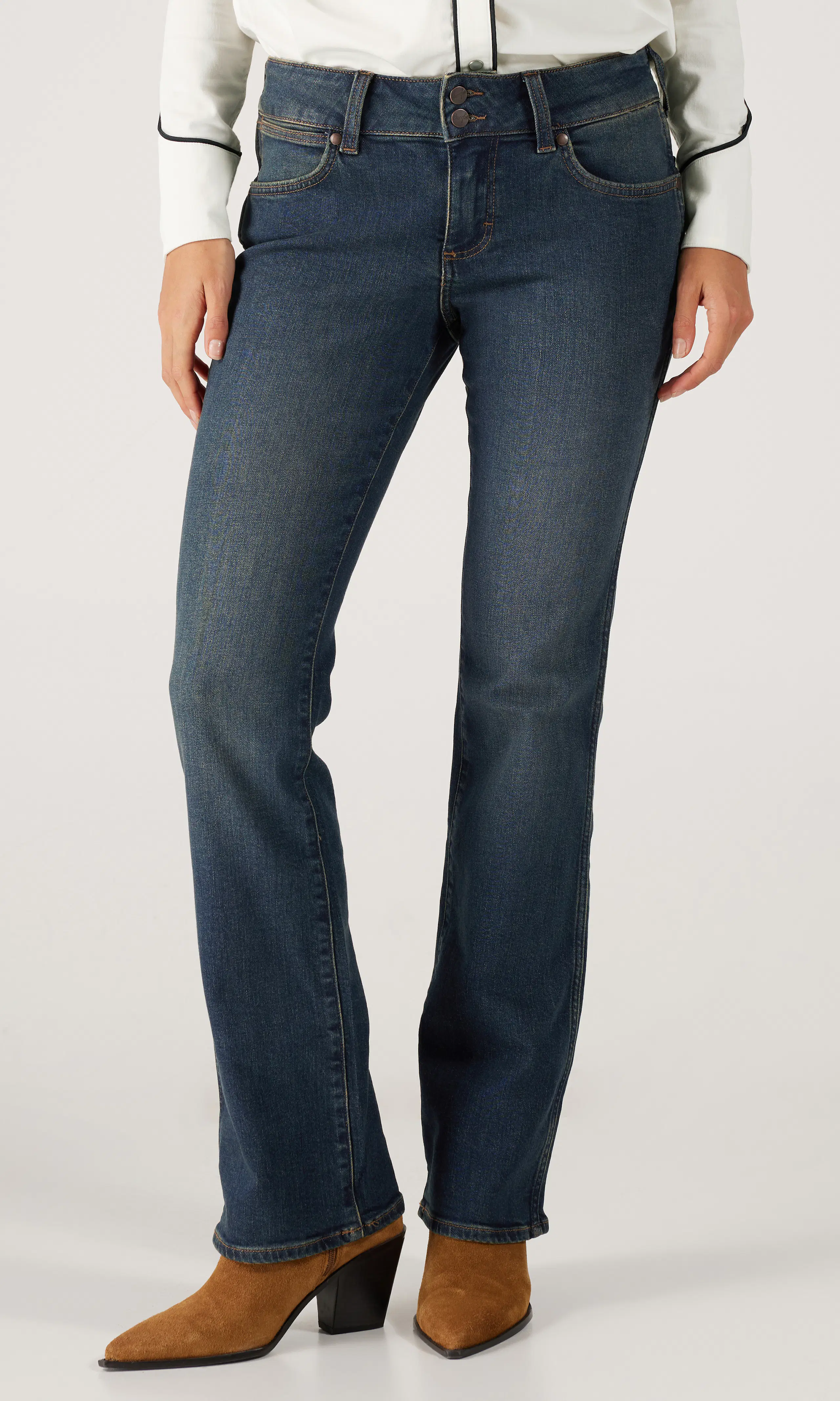 Low Rise Bold Boot Jeans. Front. Model.