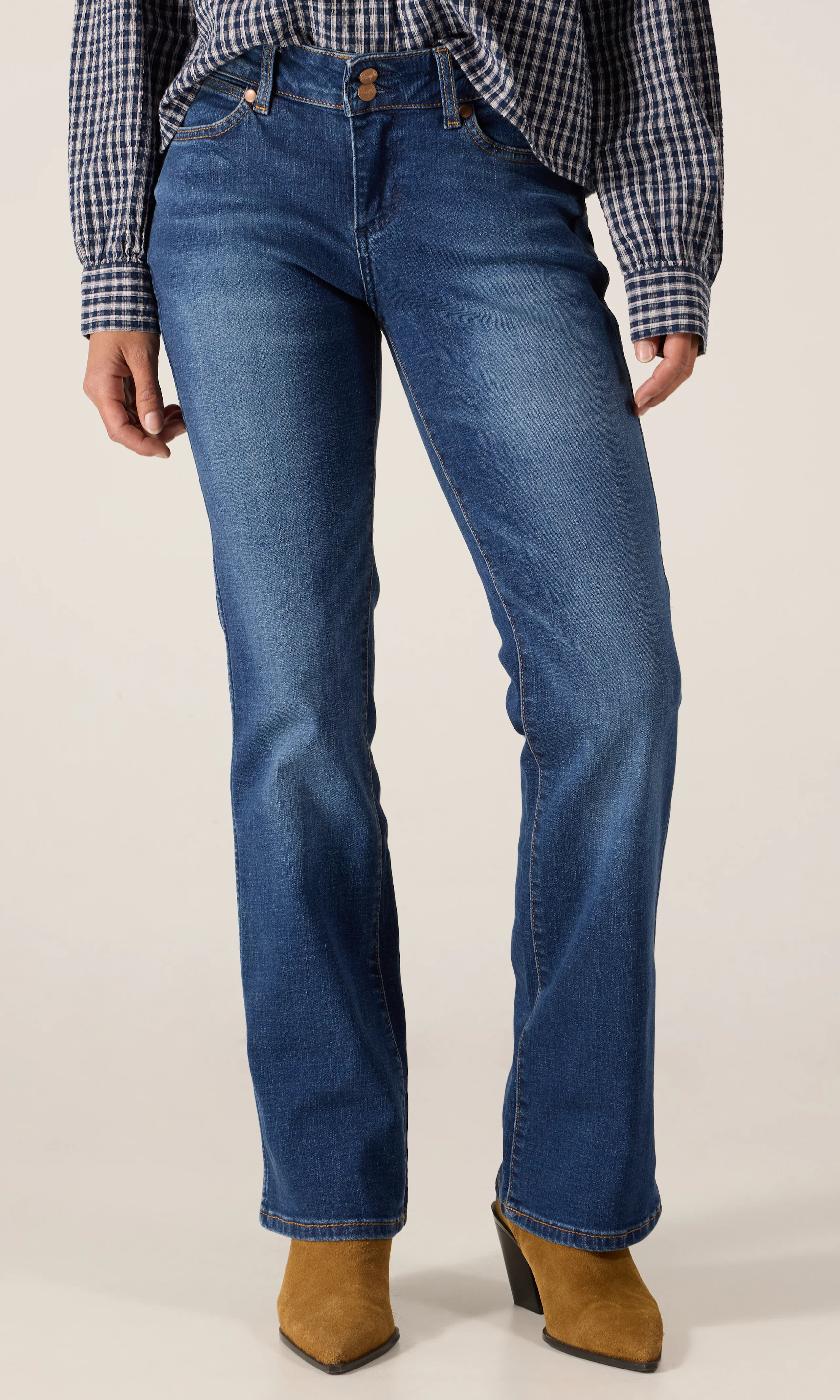 Low Rise Bold Boot Jeans. Front. Model.