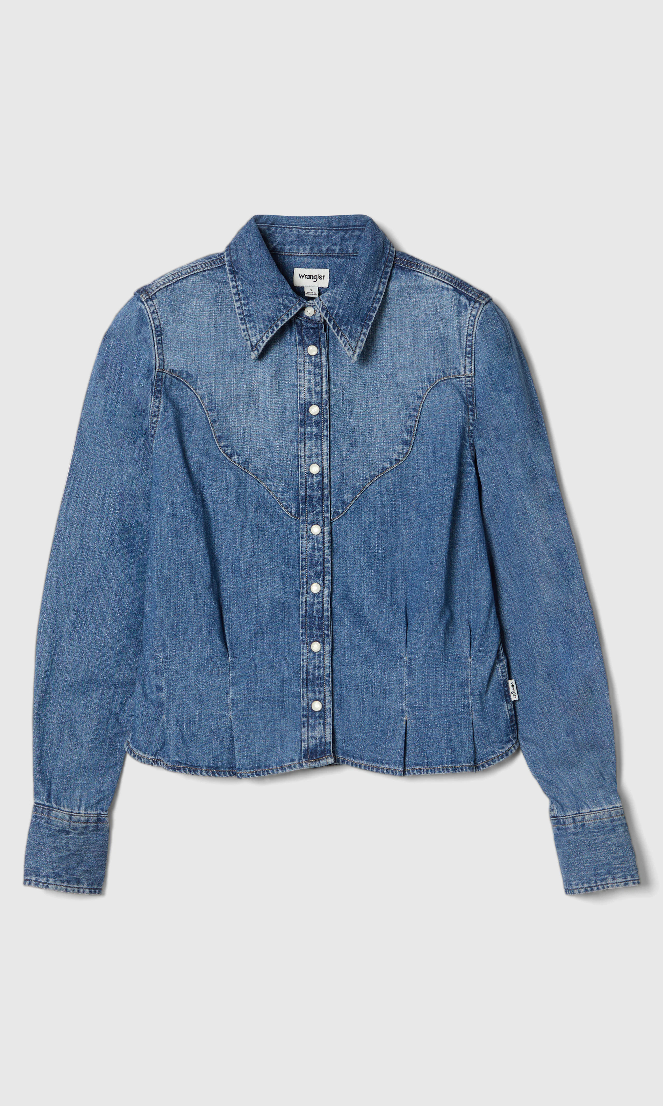 Femme Peplum Medium Blå Denim Skjorta. Front. Flat.