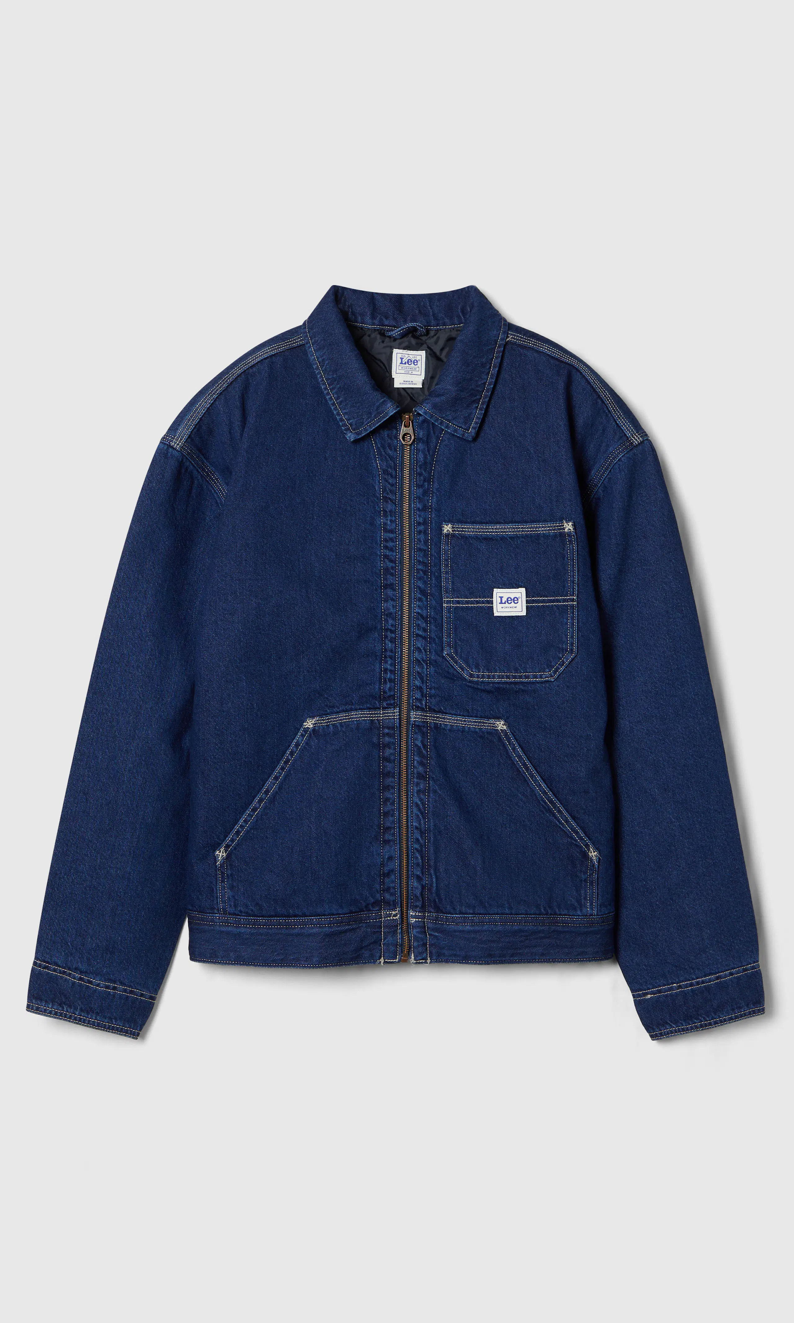 91W Lined WW Medium Blå Denim Jakke. Front. Flat.