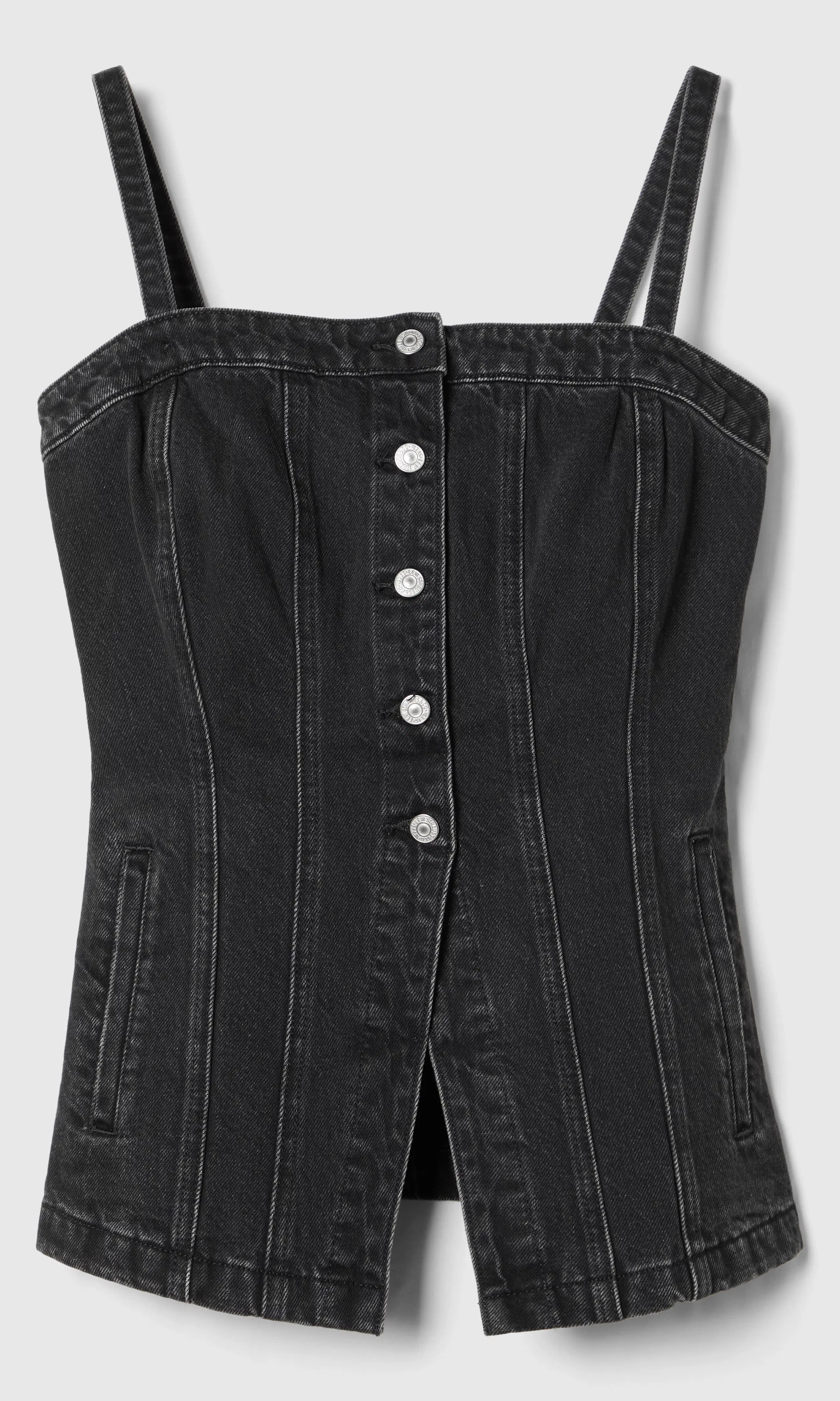 Tailored Bustier Svart Denim Topp. Front. Flat.