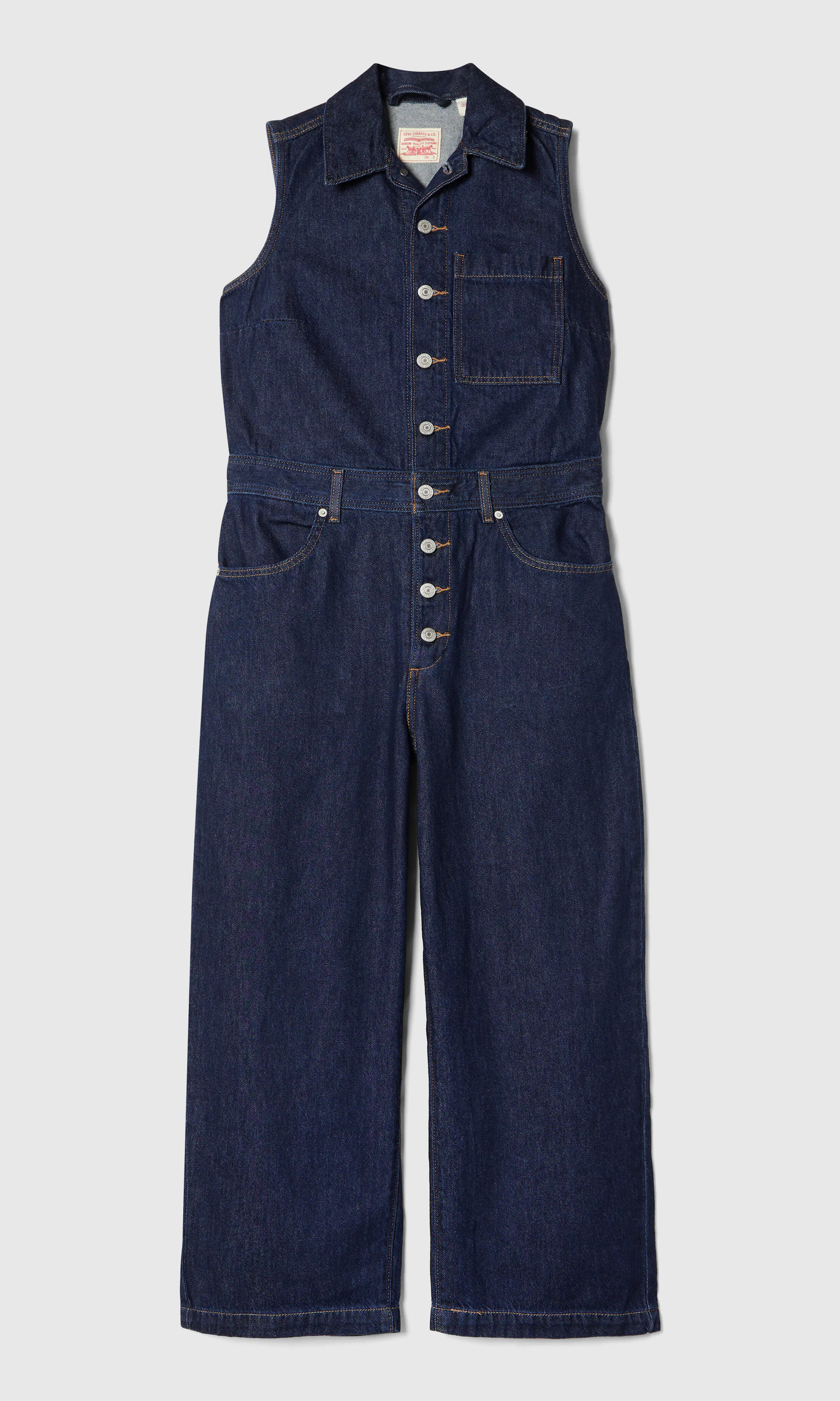 Sleeveless Mørk Blå Jumpsuit. Front. Flat.