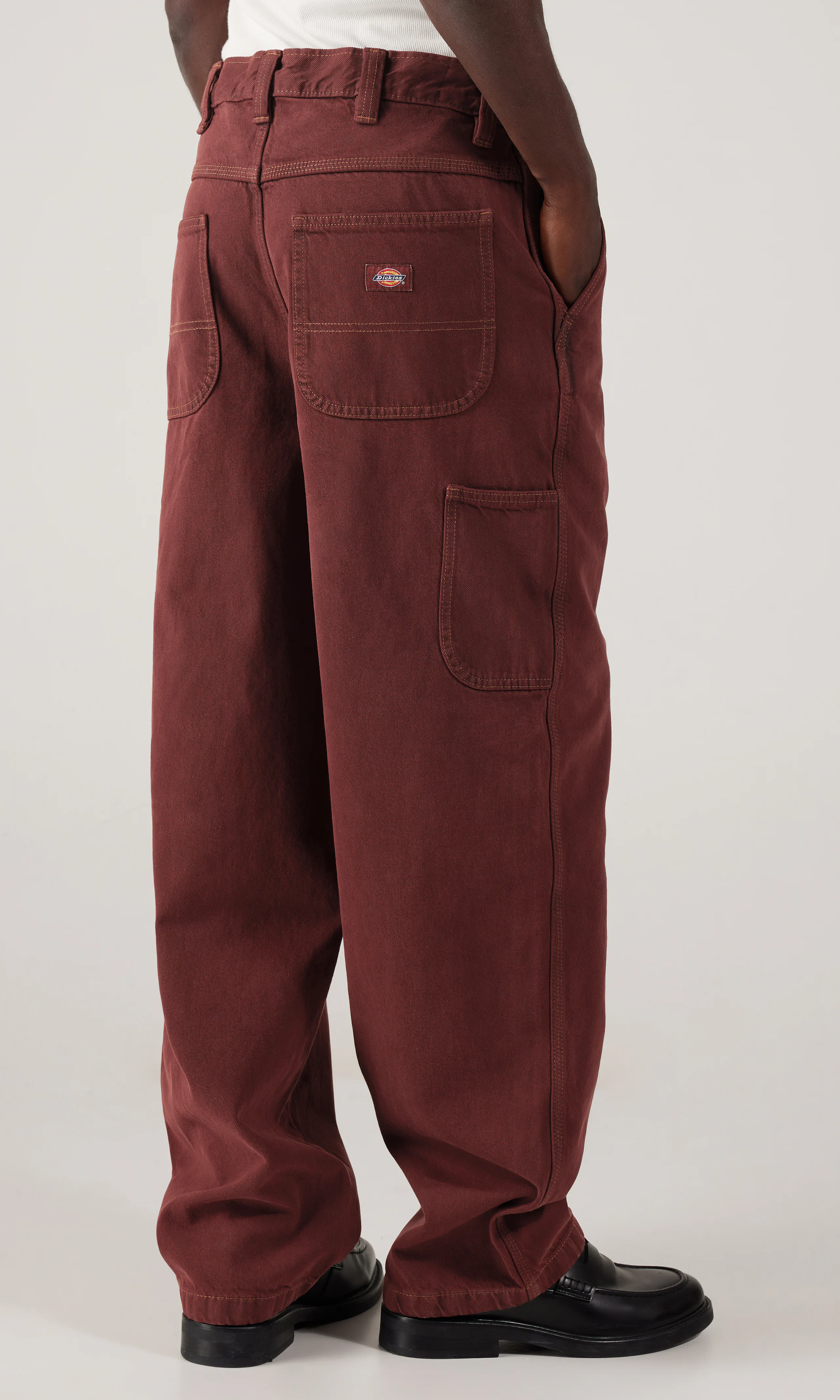 Madison Burgundy Denim Jeans. Back. Model.
