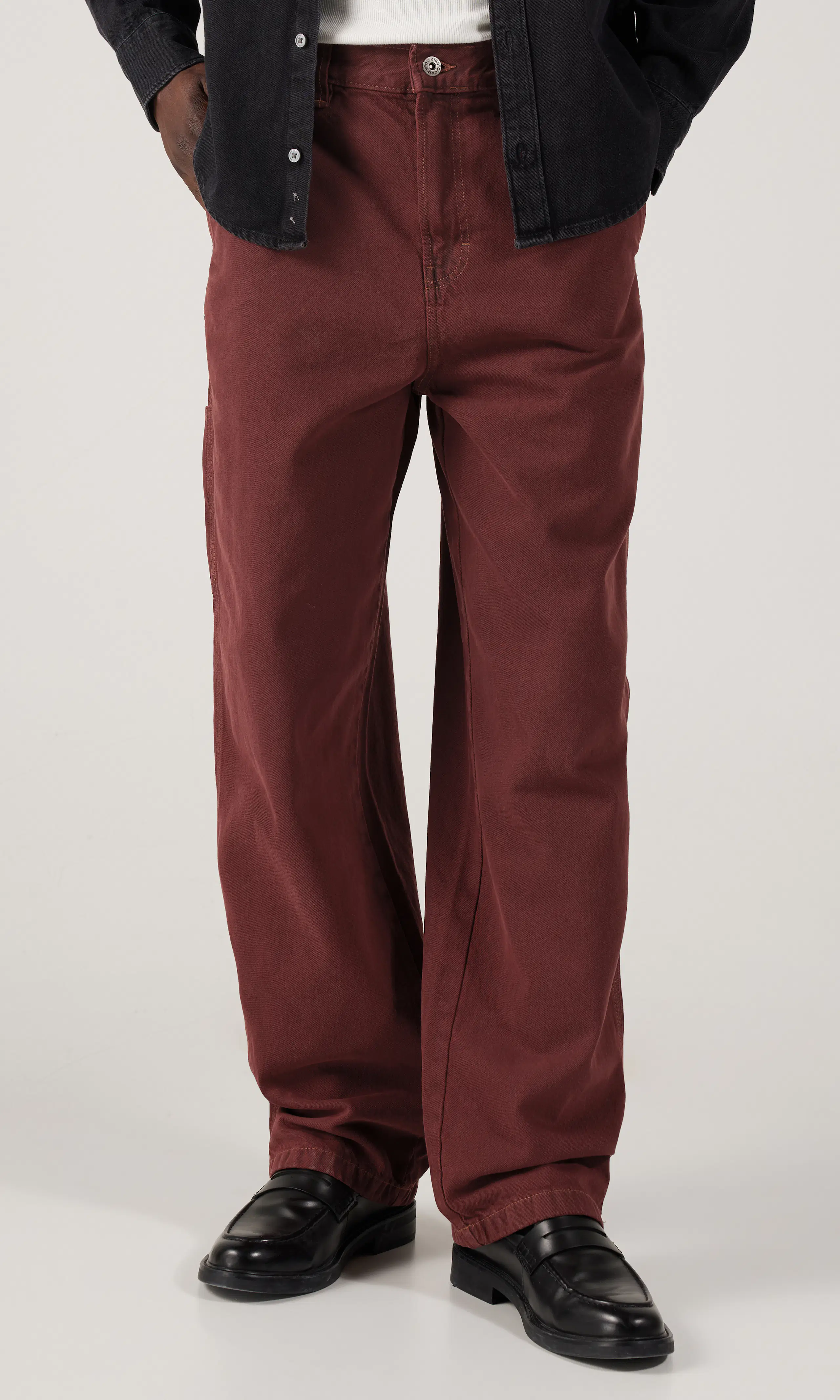 Madison Burgundy Denim Jeans. Front. Model.