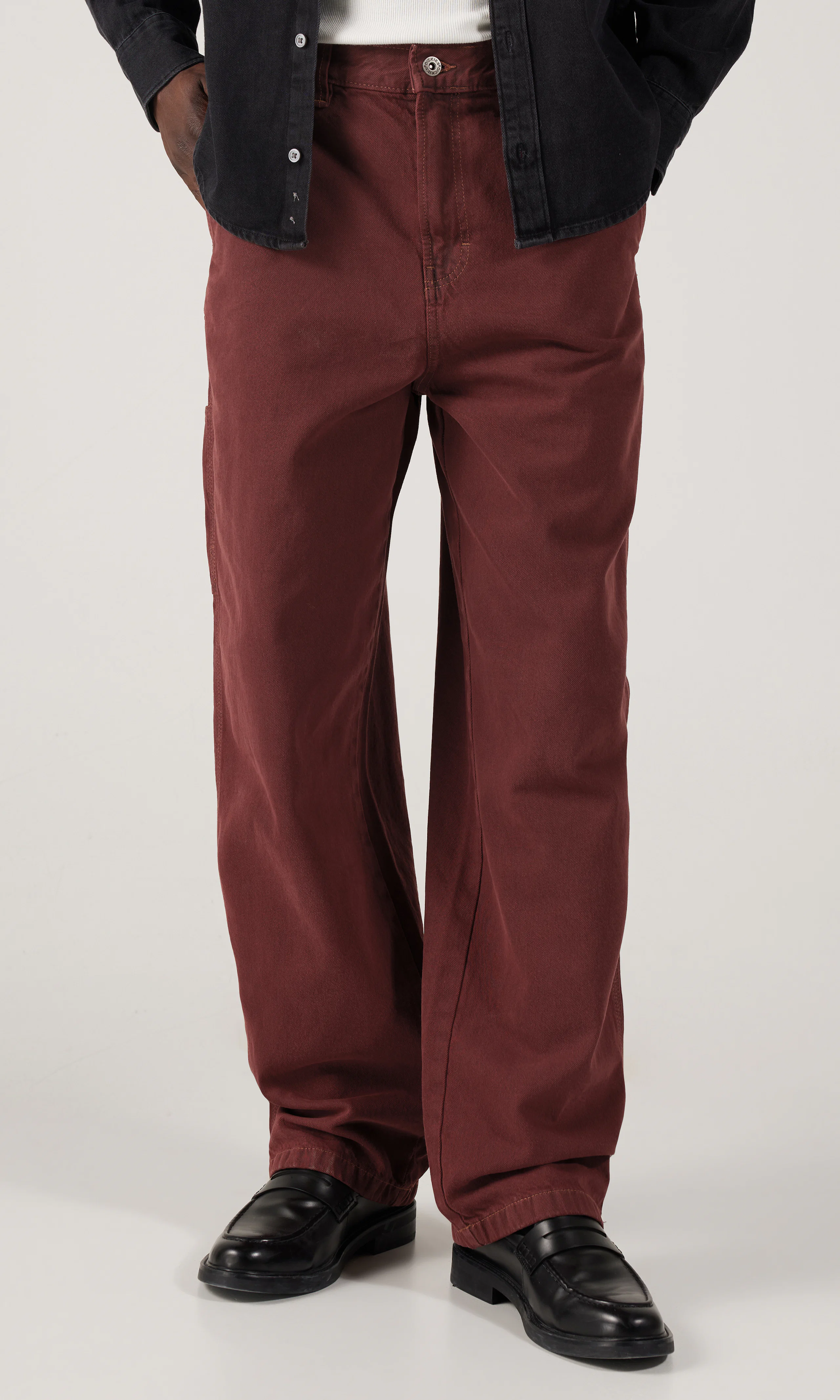 Madison Burgundy Denim Jeans. Front. Model.