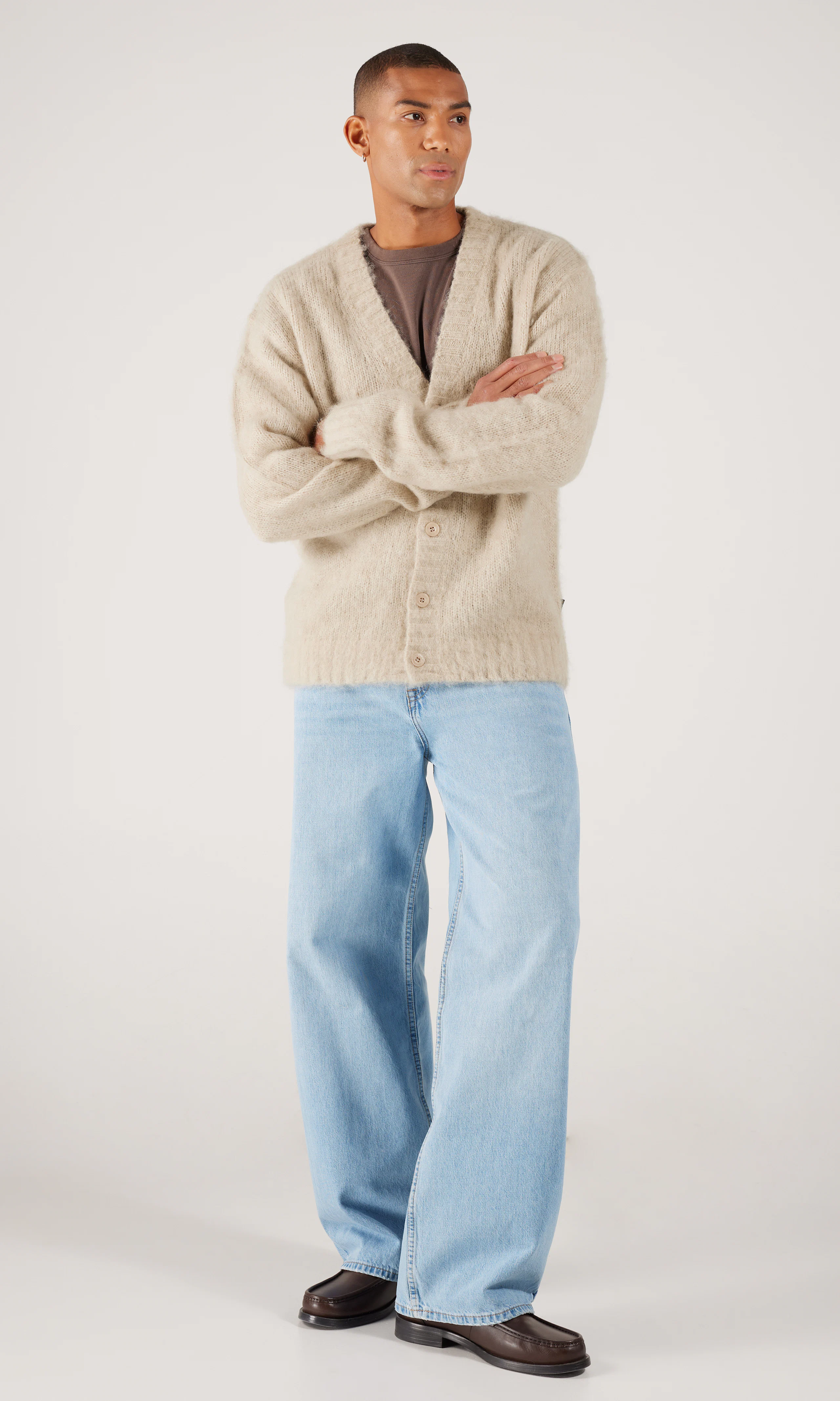 Tom Beige Cardigan. Front 1. Model.