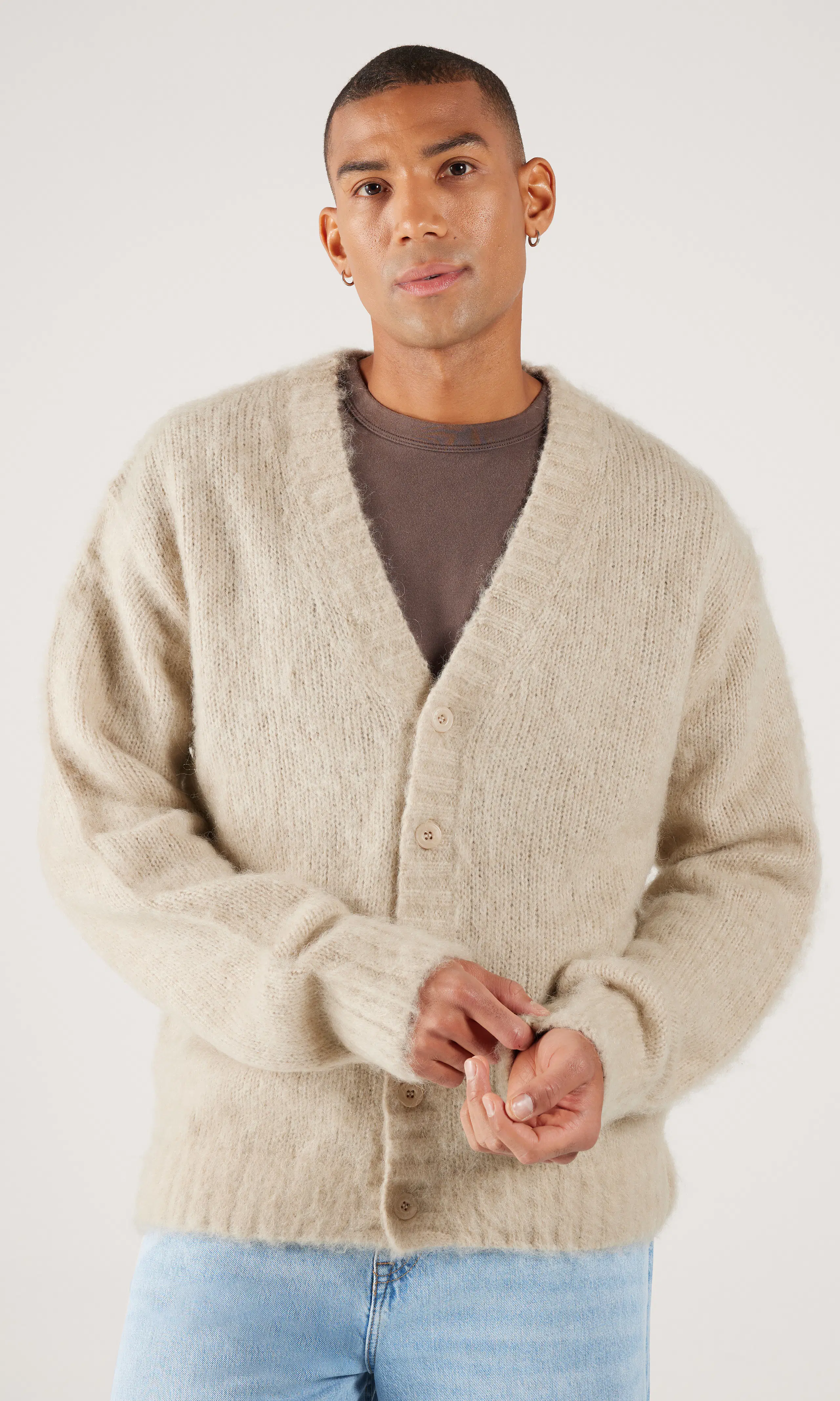 Tom Beige Cardigan. Front. Model.
