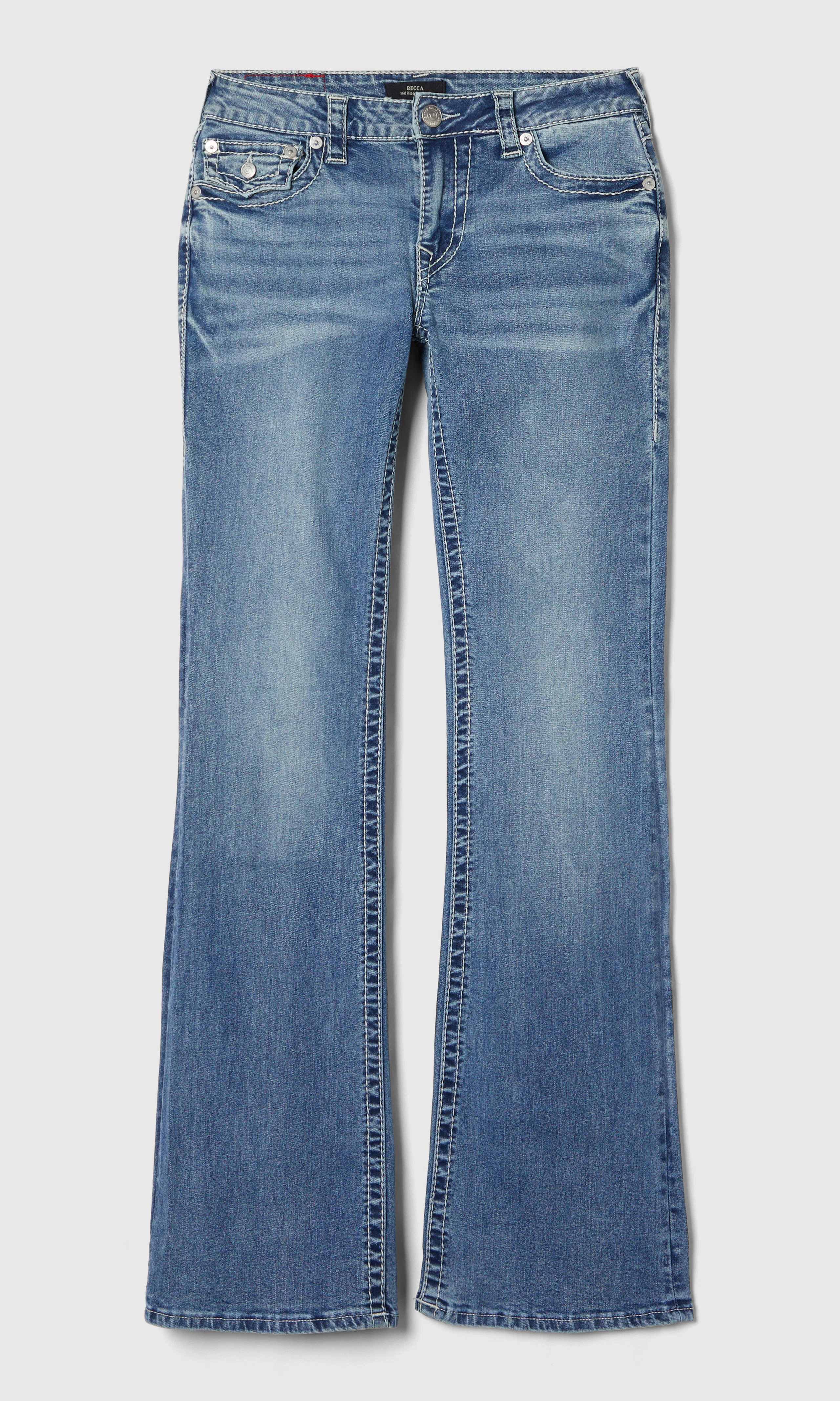 Becca Mid Rise Bootcut Flap Big T Lys Blå Jeans. Front. Flat.