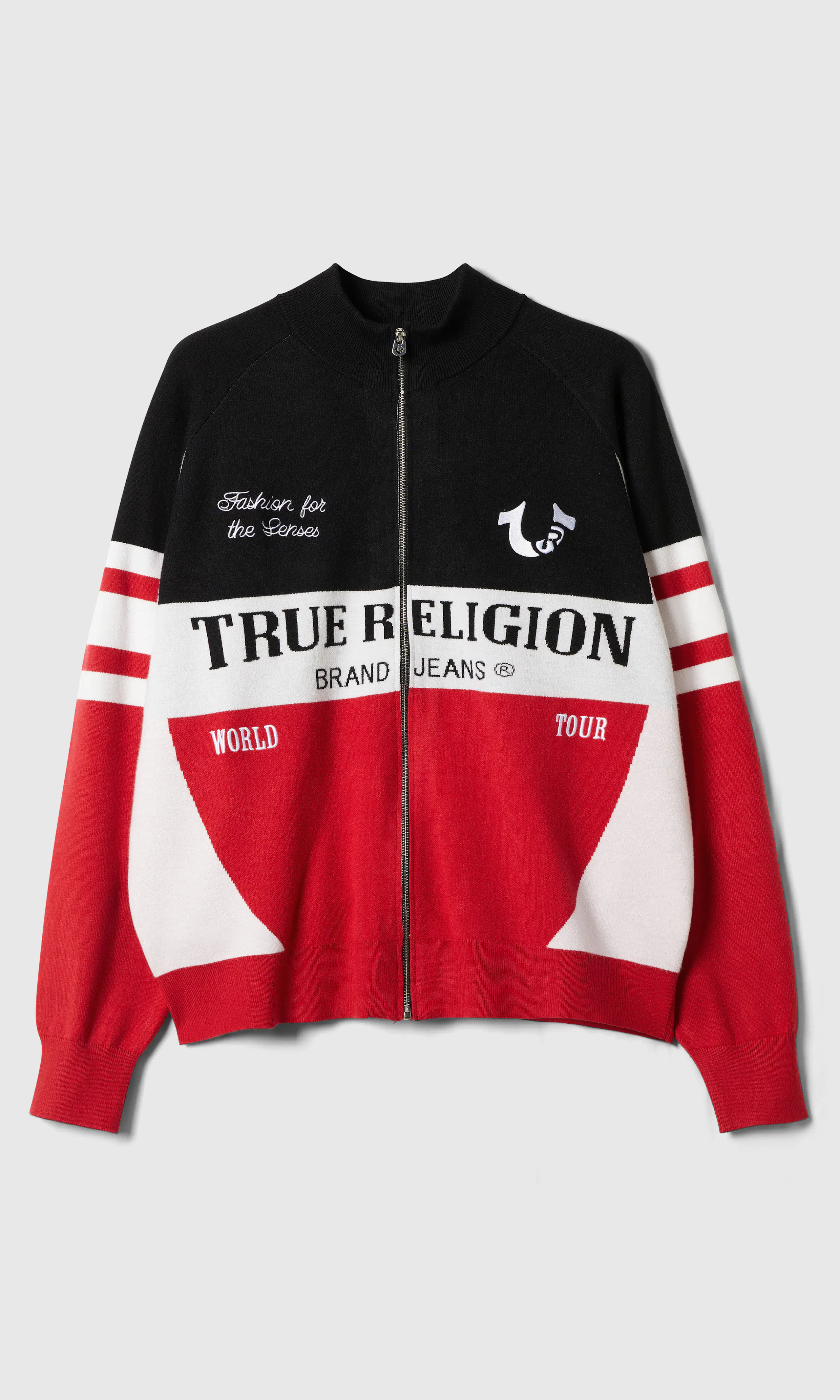 Racing Raglan Röd Zip Tröjor. Front. Flat.