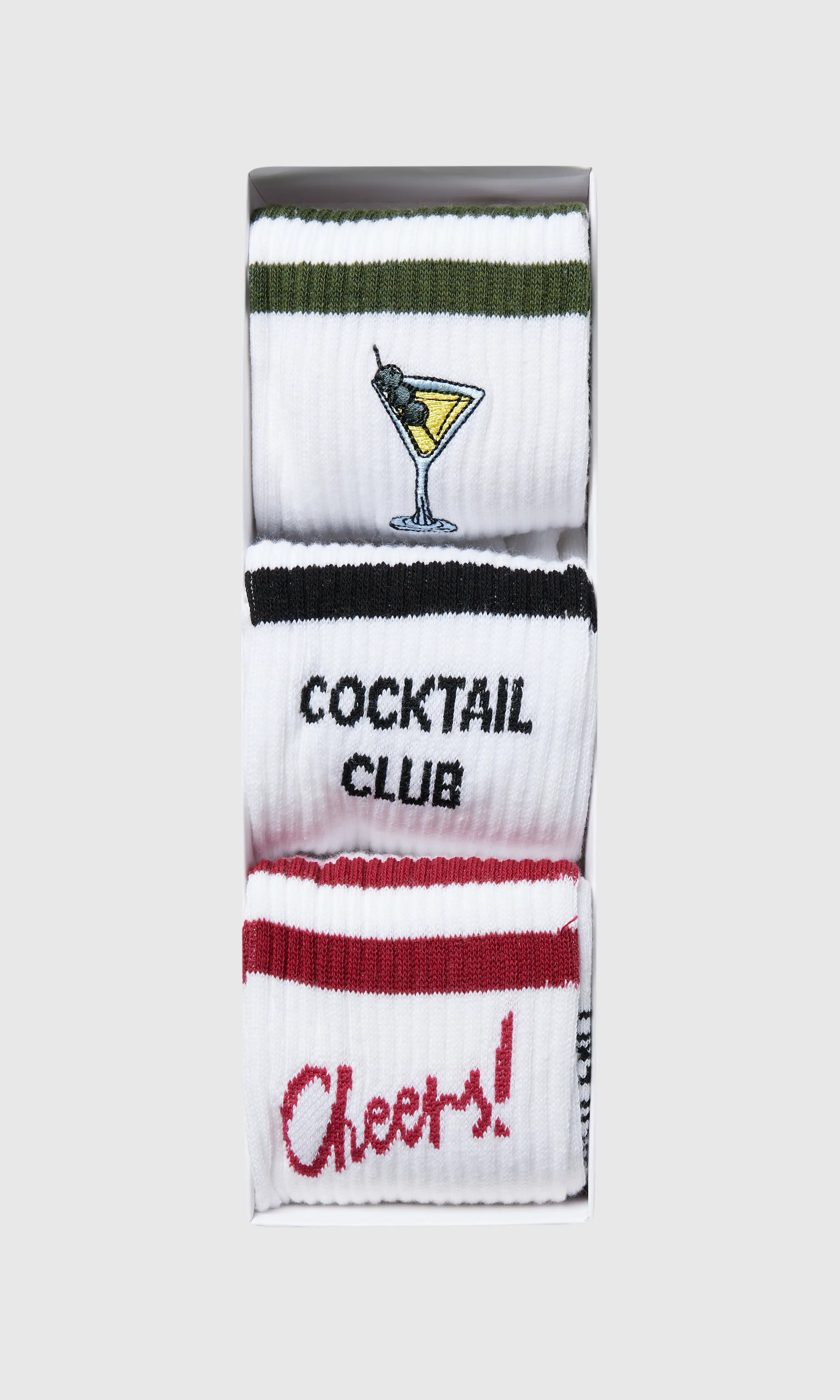 3-Pack Xmas Coctail Club Sukat. Front 2. Flat.