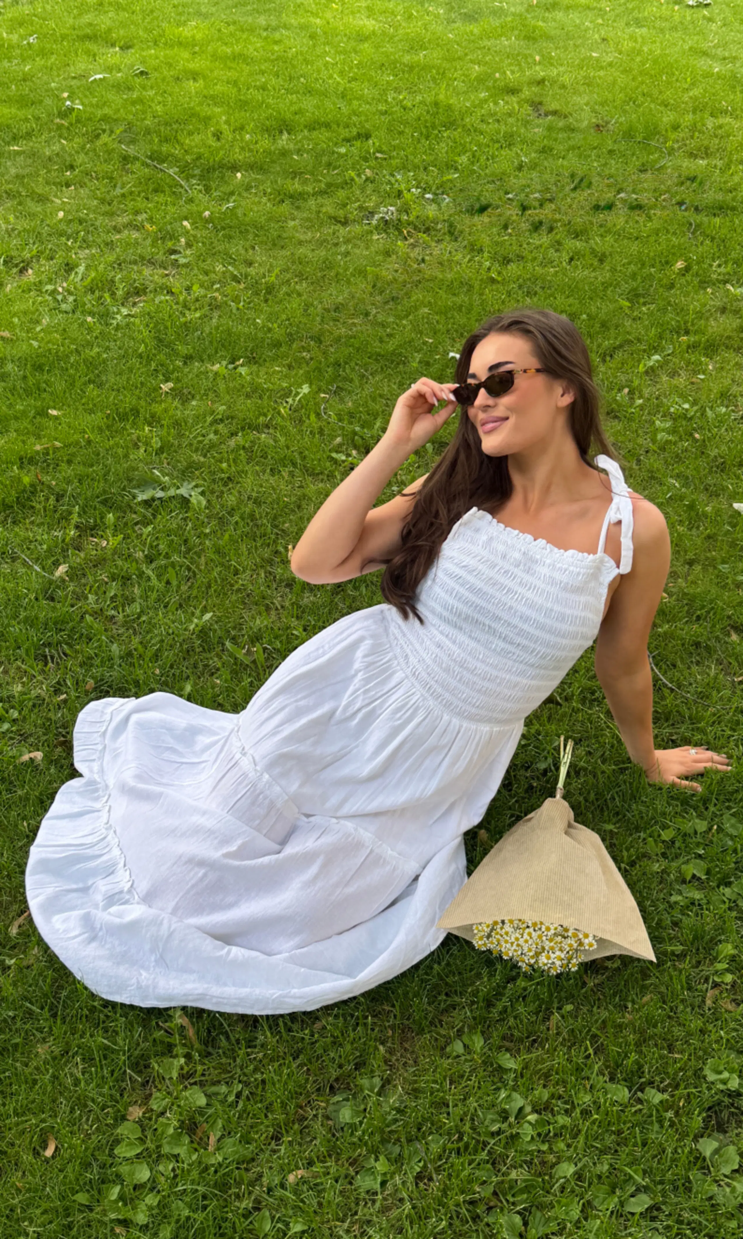 Linen Drew Dress. Front. Model.
