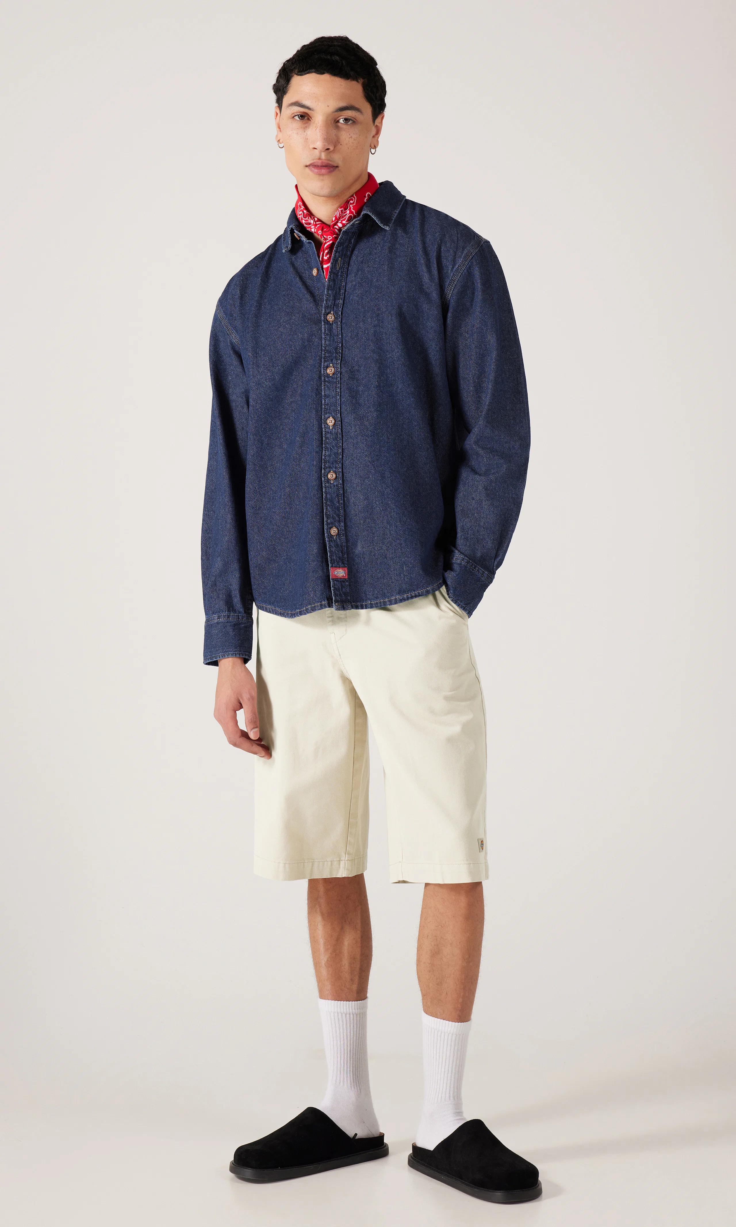 247 Garment Dyed 13 Inch Beige Work Shorts. Front 1. Model.