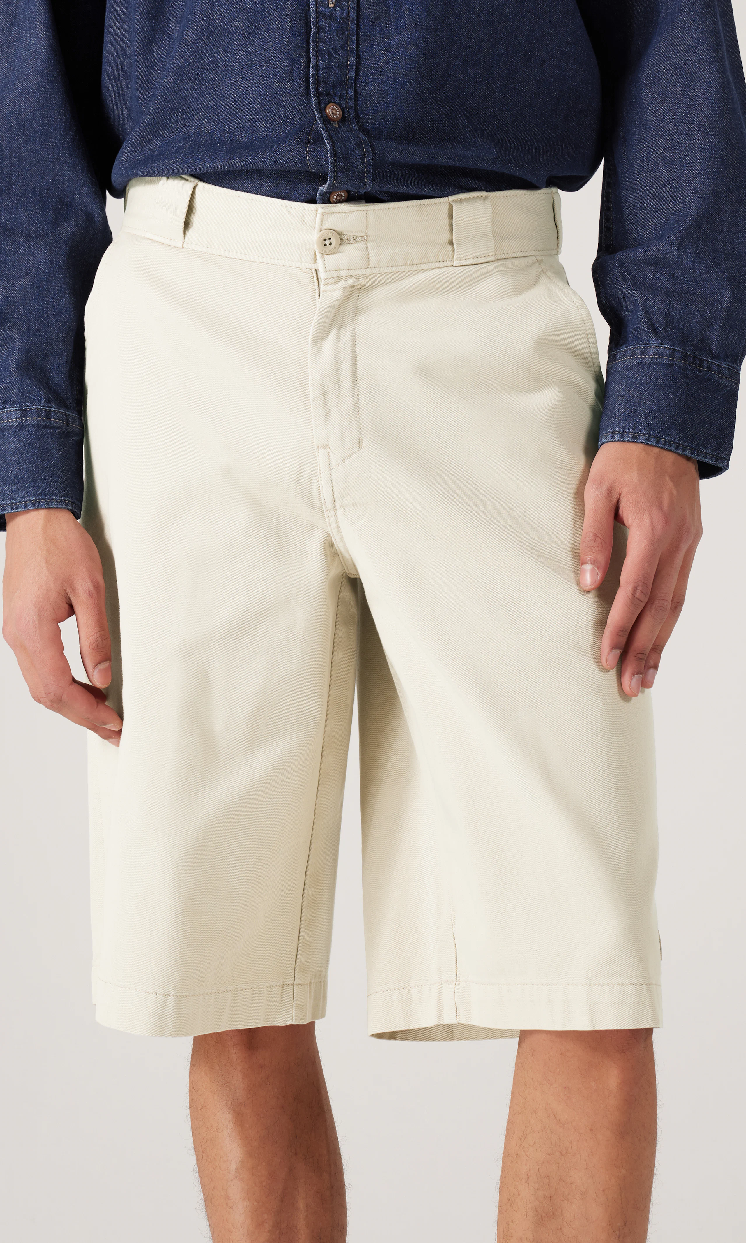 247 Garment Dyed 13 Inch Beige Work Shorts. Front. Model.