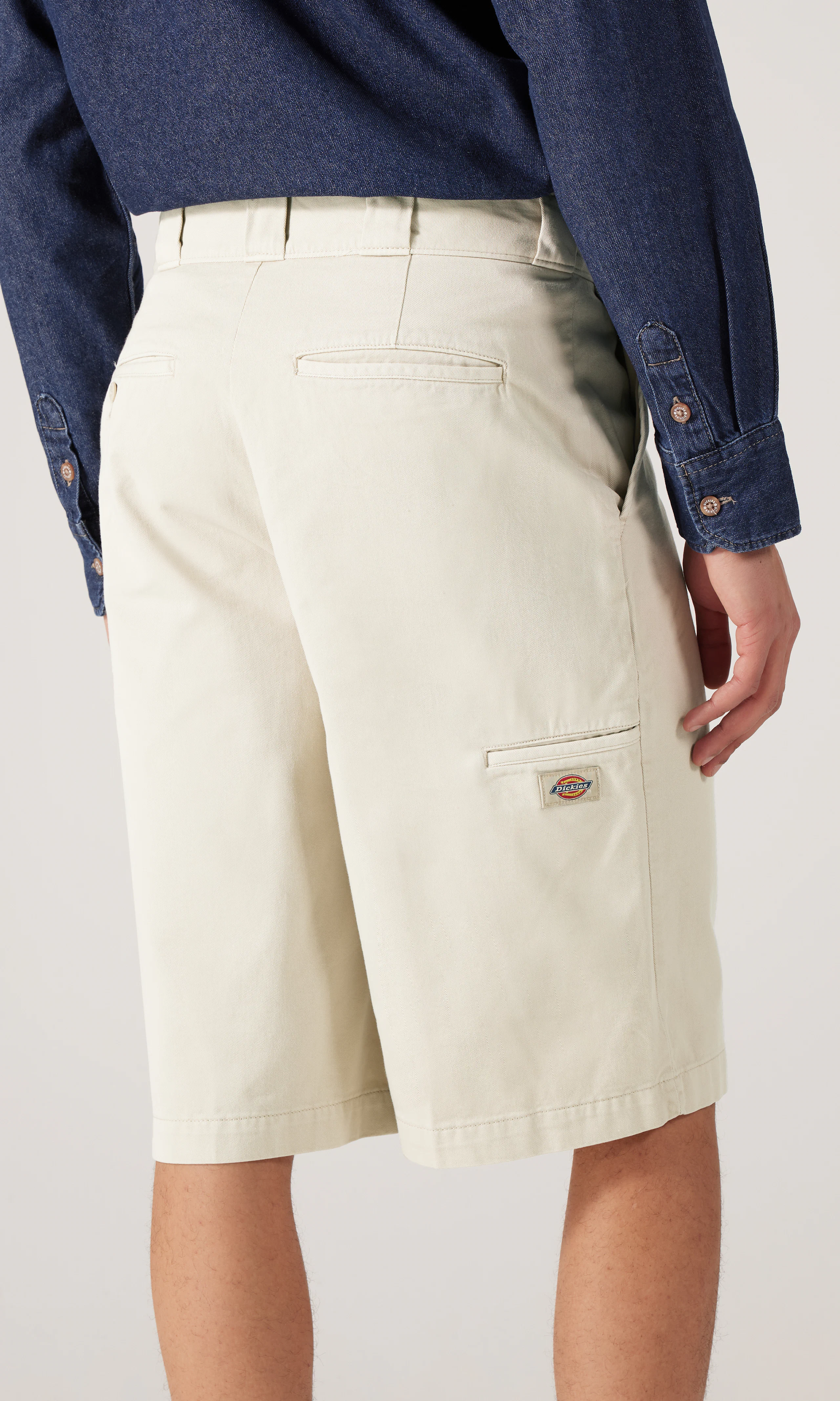 247 Garment Dyed 13 Inch Beige Work Shorts. Back. Model.