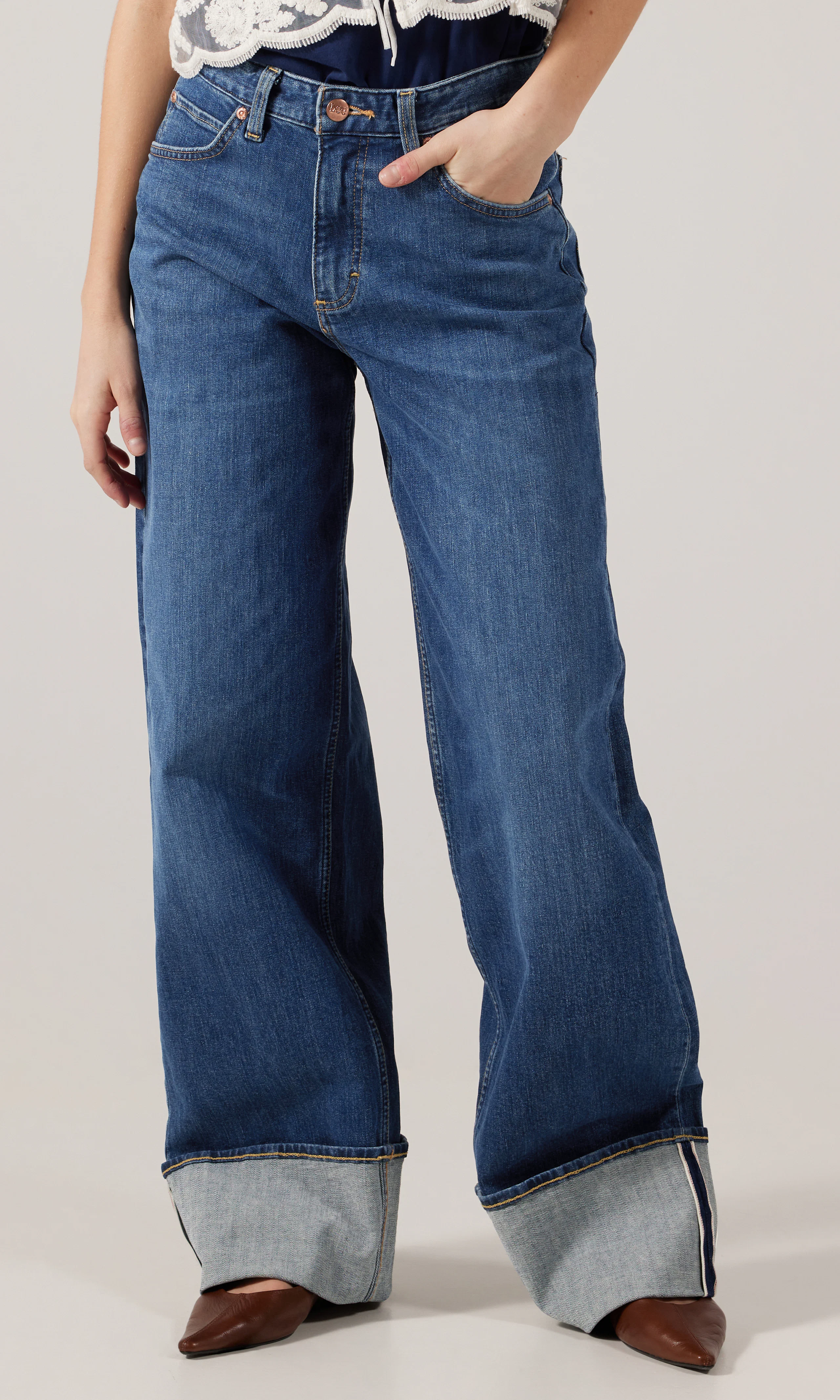 Rider Loose Selvedge Jeans. Front. Model.