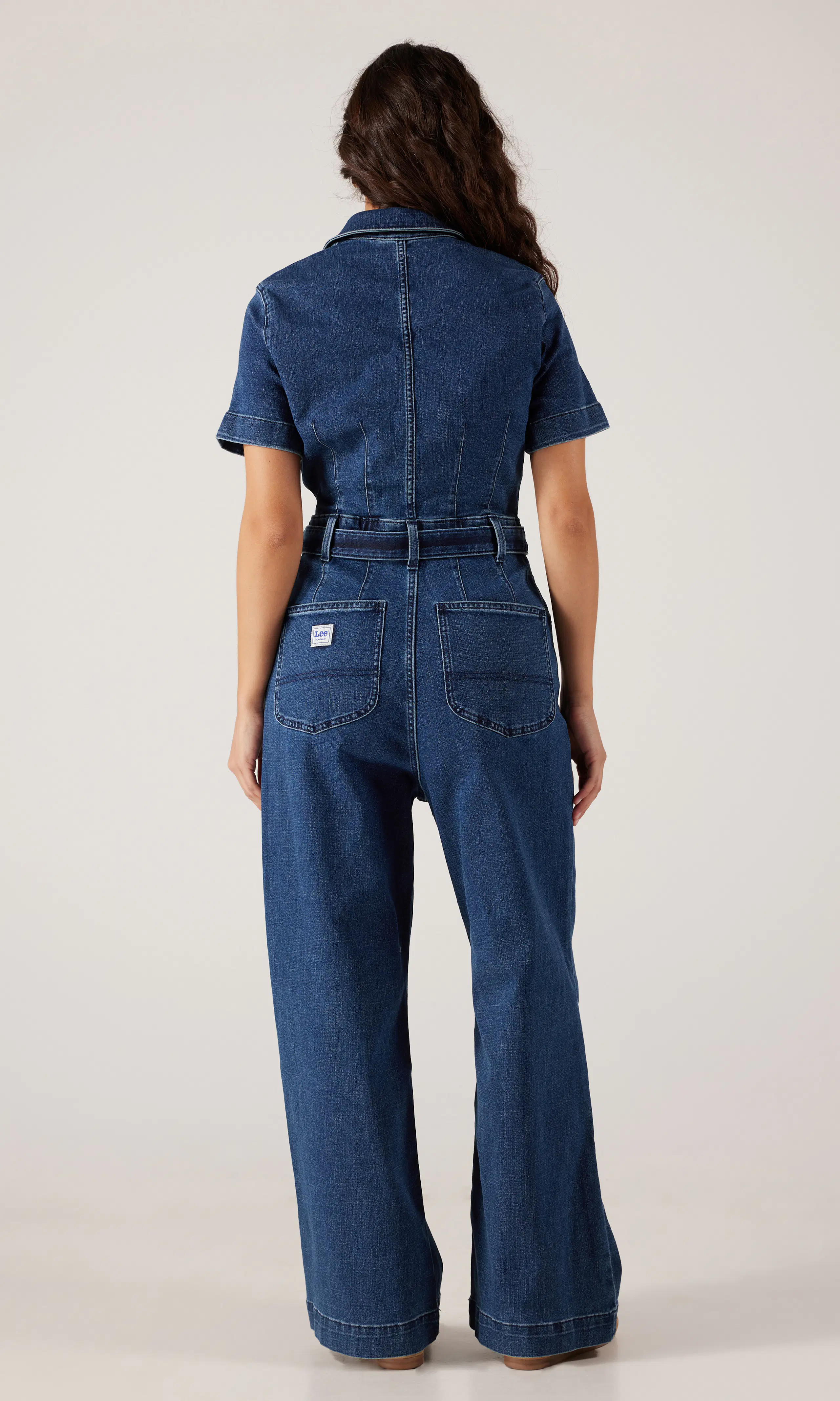 Tie Waist Overall. Back. Model.