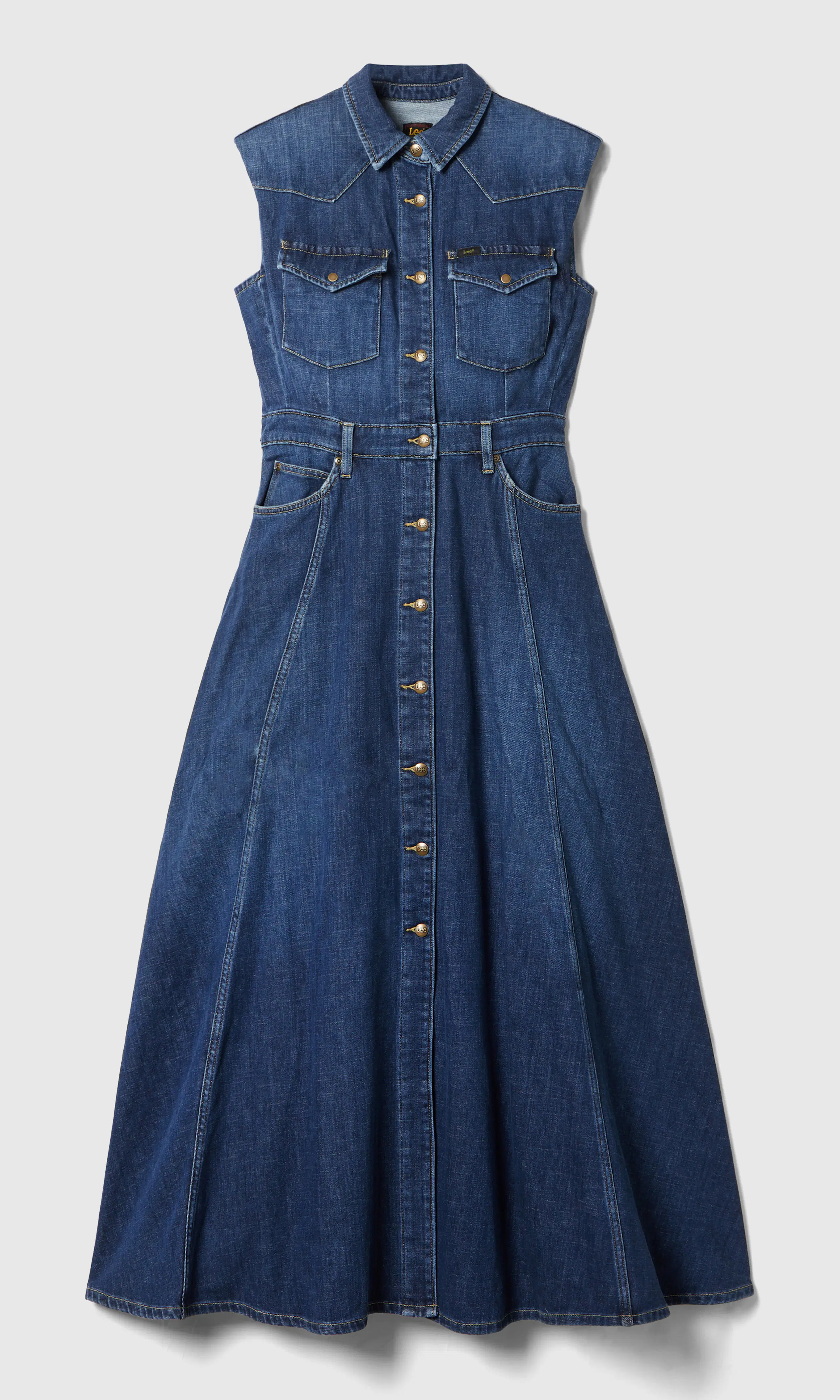 Regular Maxi Western Denim Dress. Front. Flat.