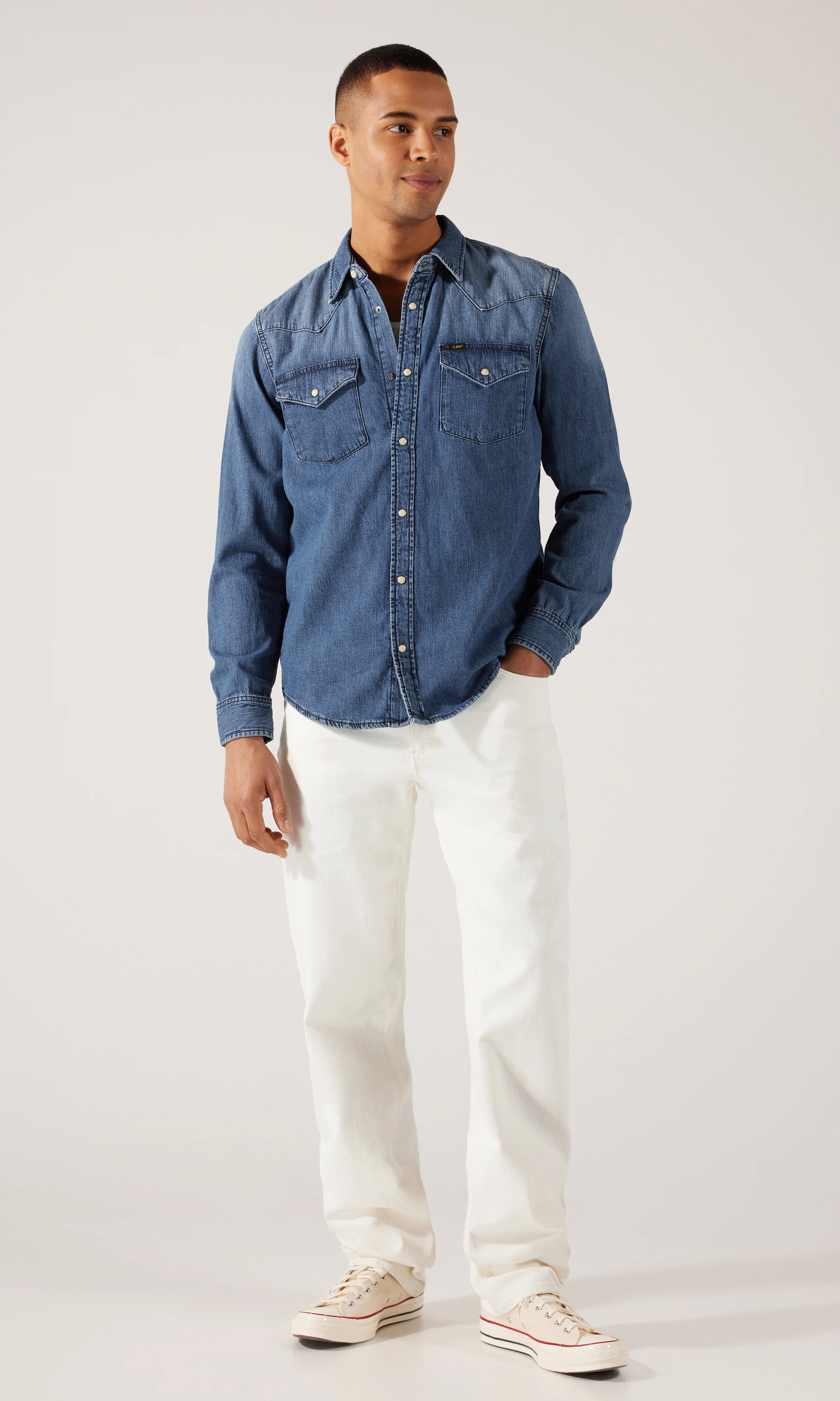 Haden Selvedge Vita Jeans. Front 1. Model.